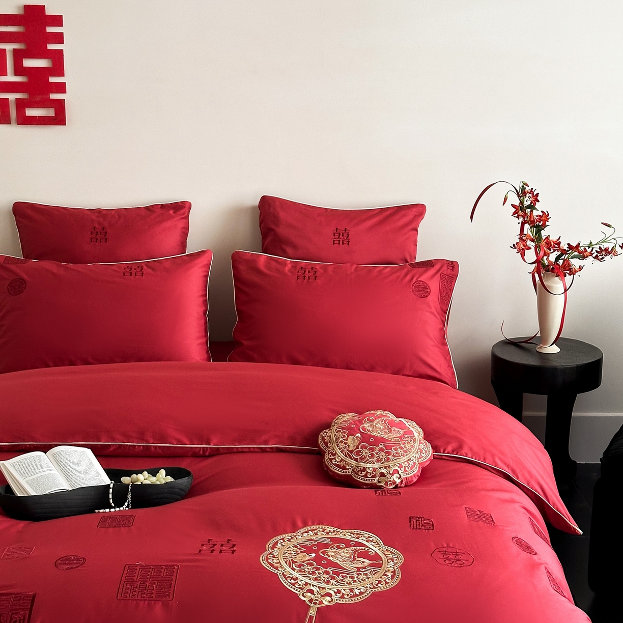 91家纺网 家纺一手货源 找家纺 （总）西西家居 2026新款100支长绒棉纯棉大红婚庆四件套-喜结良缘