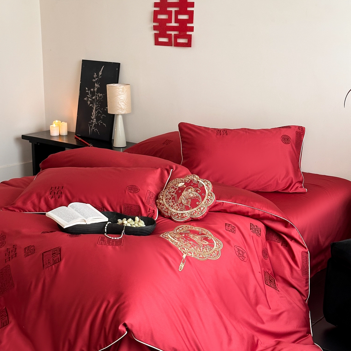 91家纺网 家纺一手货源 找家纺 （总）西西家居 2026新款100支长绒棉纯棉大红婚庆四件套-喜结良缘