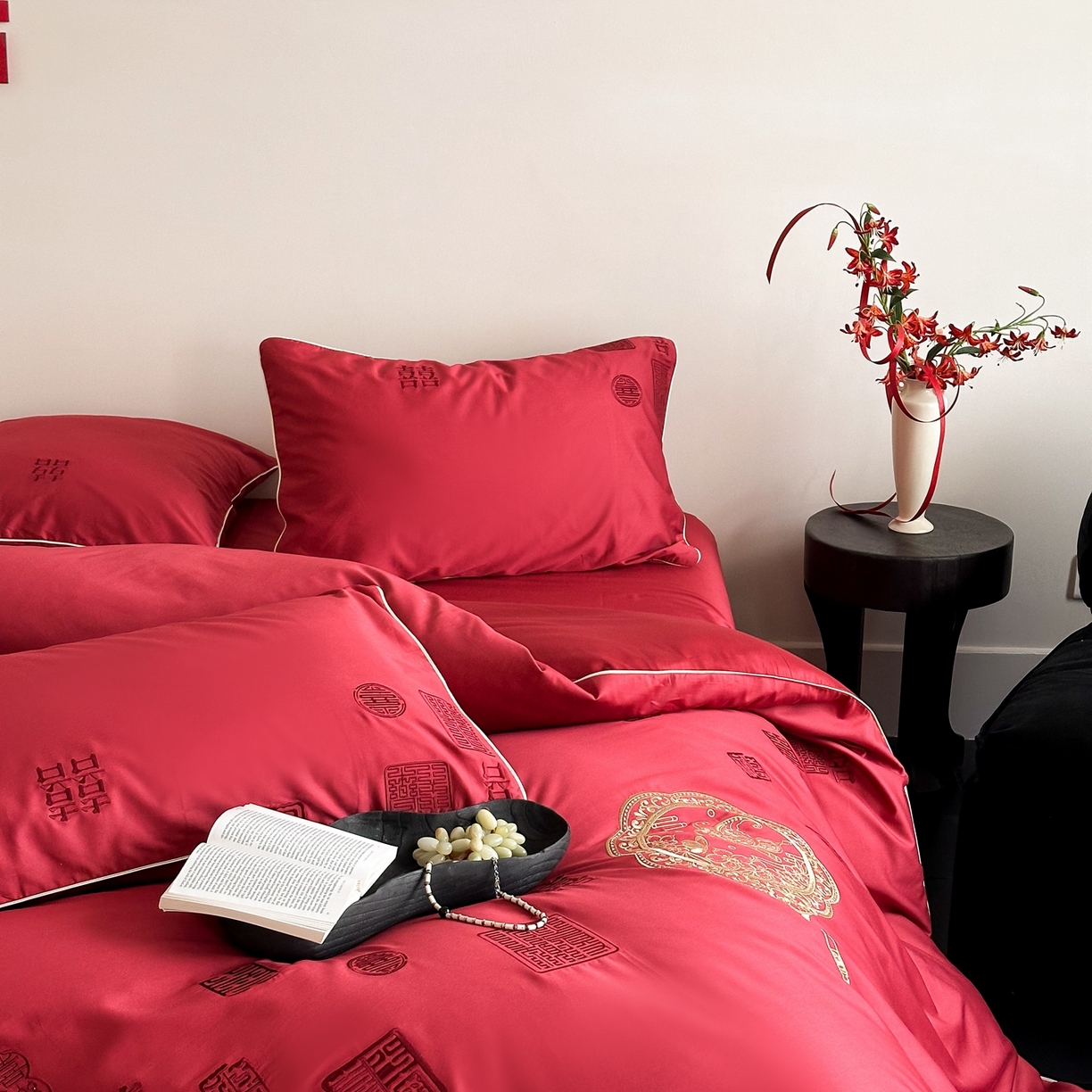 91家纺网 家纺一手货源 找家纺 （总）西西家居 2026新款100支长绒棉纯棉大红婚庆四件套-喜结良缘