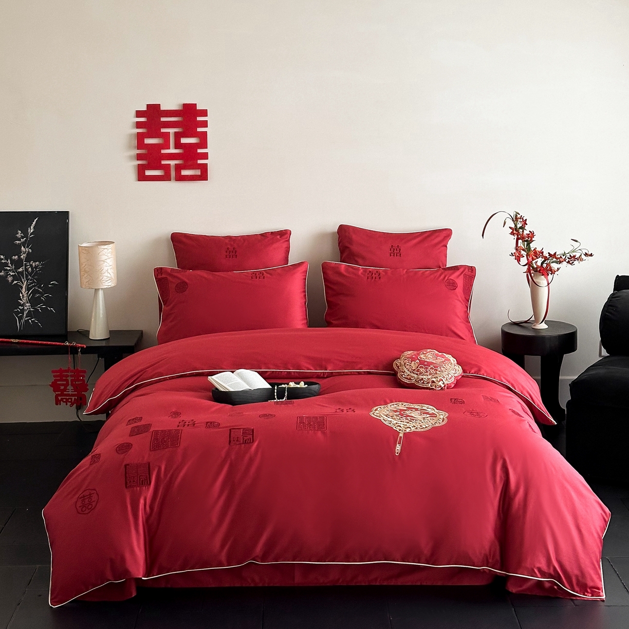 91家纺网 家纺一手货源 找家纺 （总）西西家居 2026新款100支长绒棉纯棉大红婚庆四件套-喜结良缘