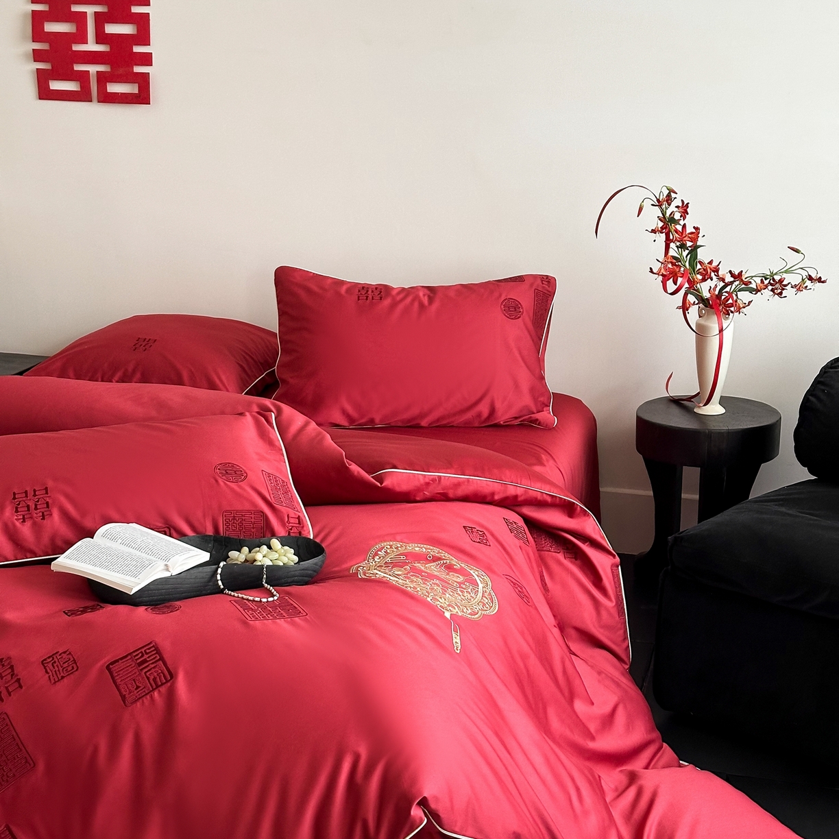 91家纺网 家纺一手货源 找家纺 （总）西西家居 2026新款100支长绒棉纯棉大红婚庆四件套-喜结良缘