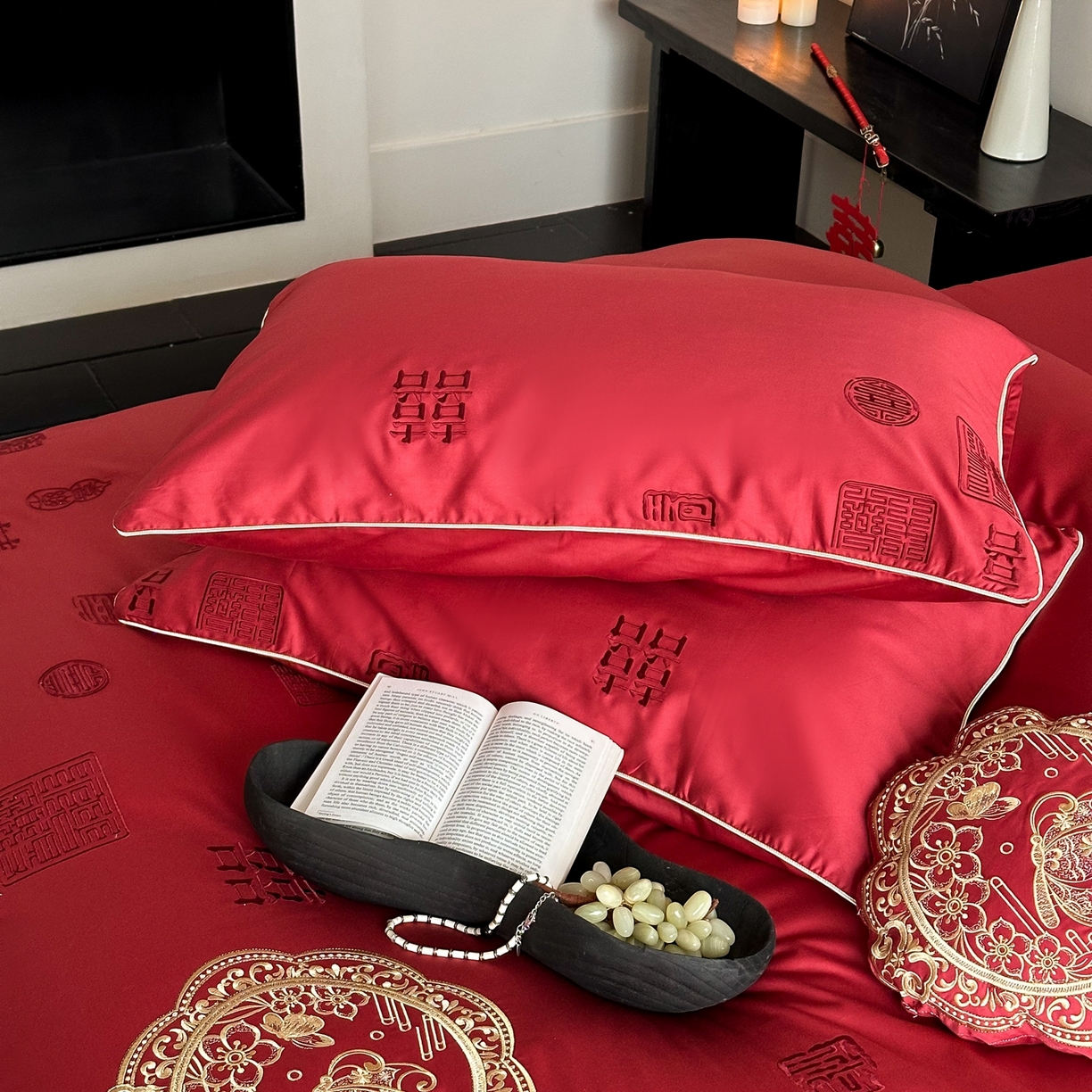 91家纺网 家纺一手货源 找家纺 （总）西西家居 2026新款100支长绒棉纯棉大红婚庆四件套-喜结良缘