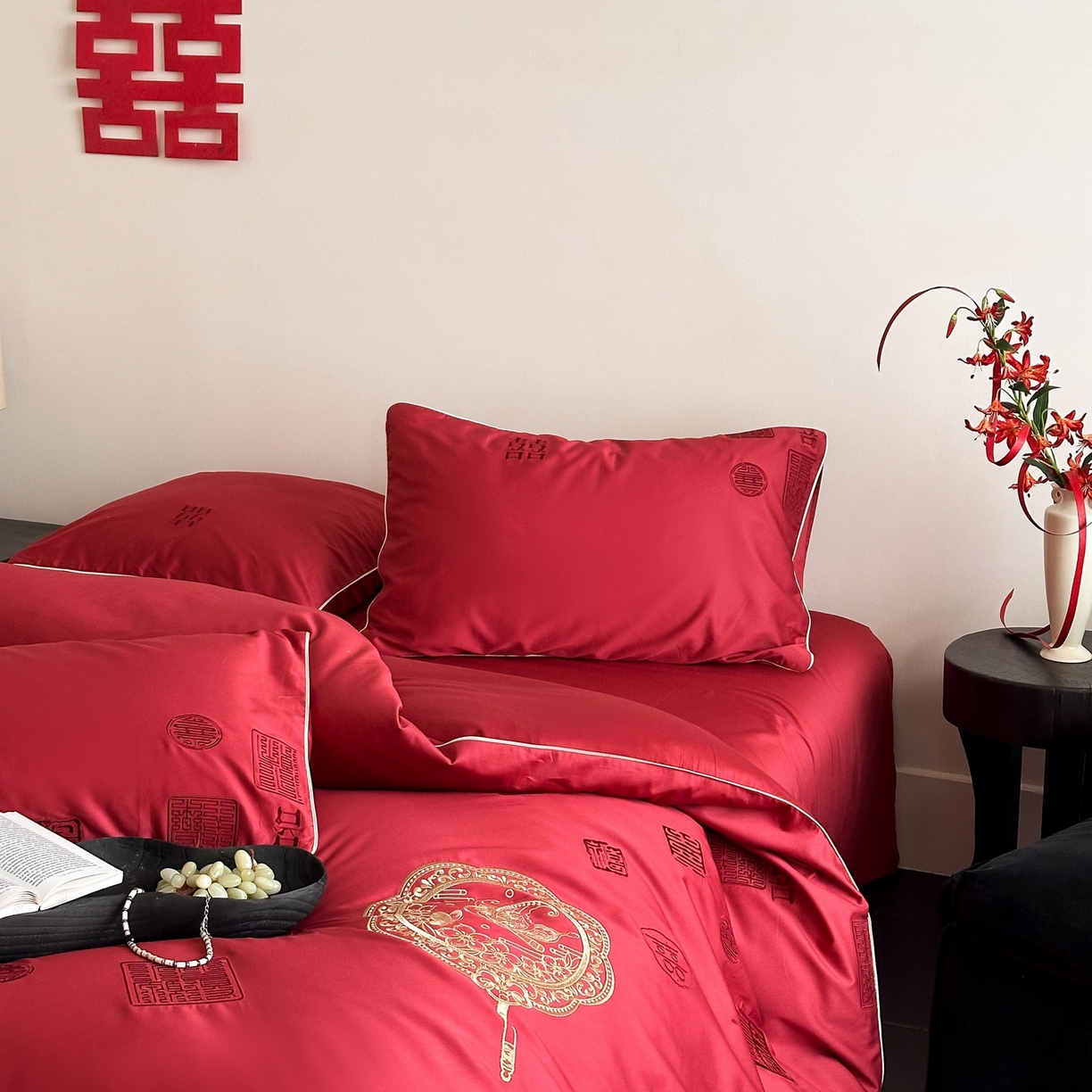 91家纺网 家纺一手货源 找家纺 （总）西西家居 2026新款100支长绒棉纯棉大红婚庆四件套-喜结良缘