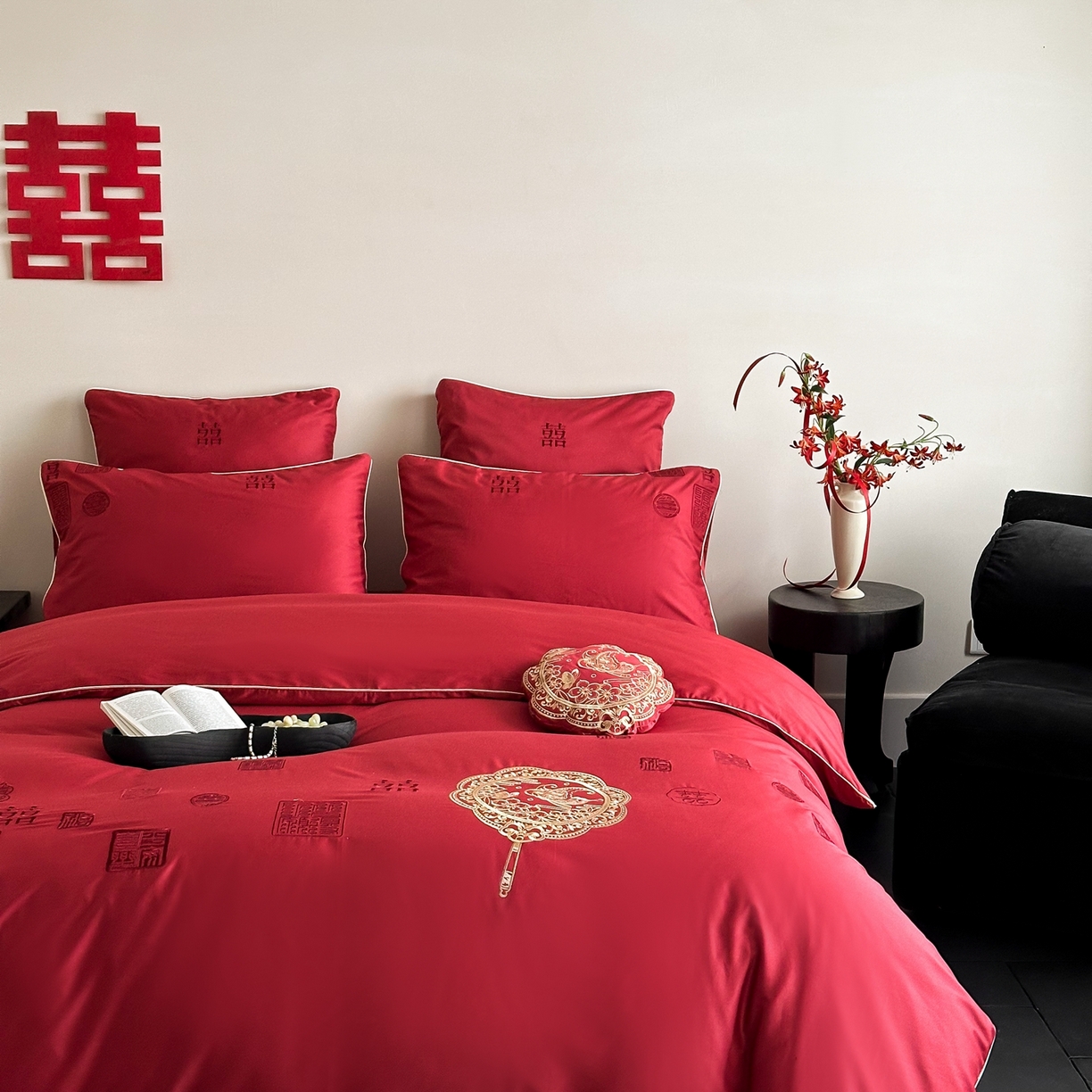 91家纺网 家纺一手货源 找家纺 （总）西西家居 2026新款100支长绒棉纯棉大红婚庆四件套-喜结良缘