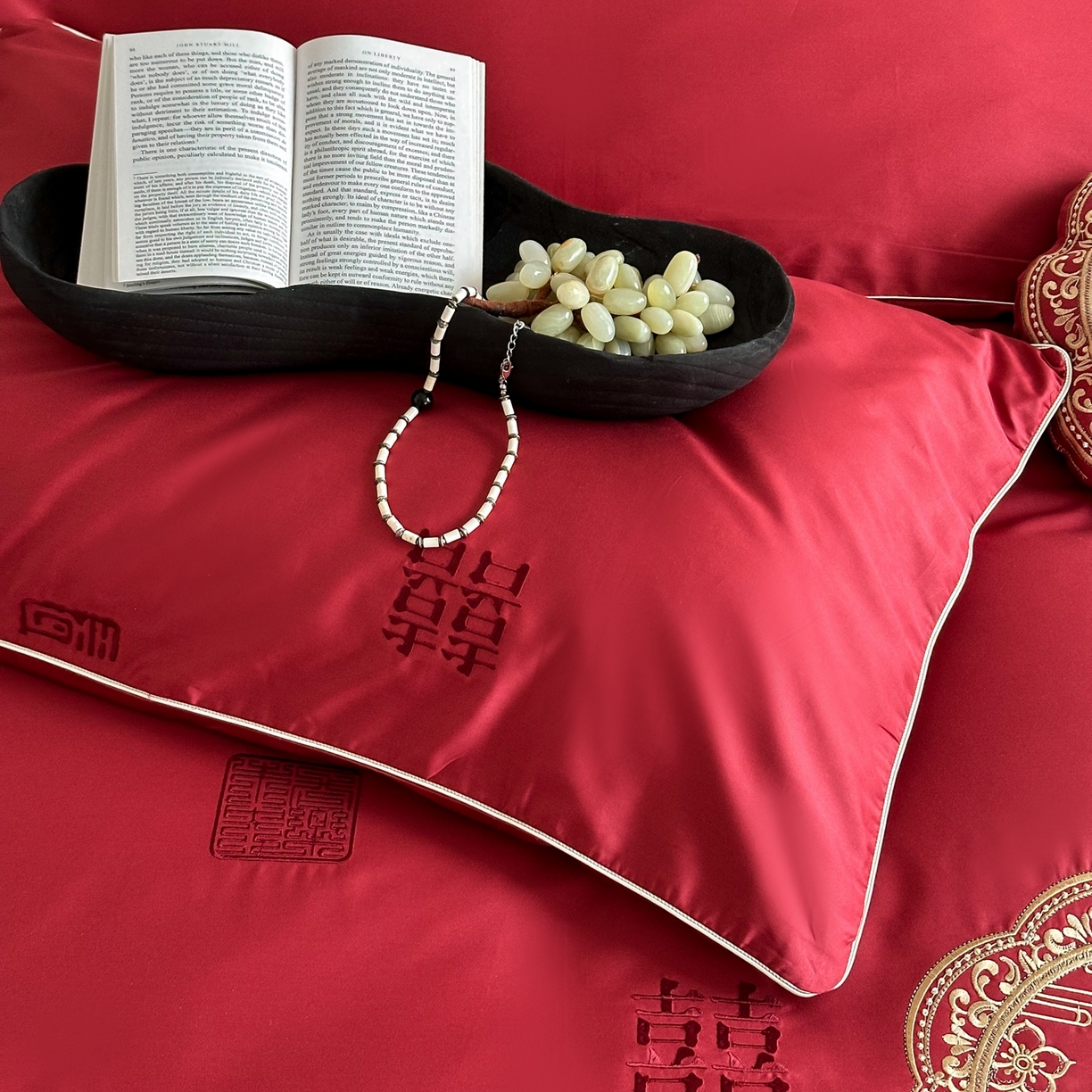 91家纺网 家纺一手货源 找家纺 （总）西西家居 2026新款100支长绒棉纯棉大红婚庆四件套-喜结良缘