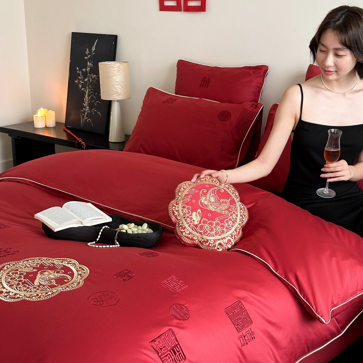 91家纺网 家纺一手货源 找家纺 （总）西西家居 2026新款100支长绒棉纯棉大红婚庆四件套-喜结良缘