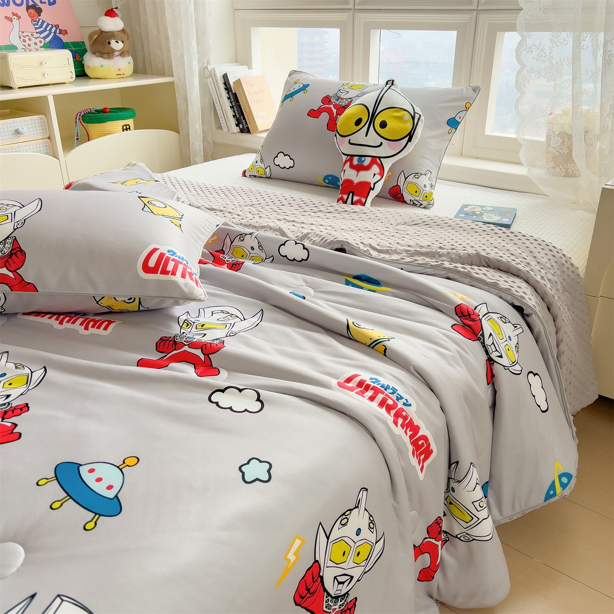 91家纺网 家纺一手货源 找家纺 兄弟坊 2026新款A类正版授权卡通针织棉凉感豆豆夏被 夏凉被 奥特传奇灰