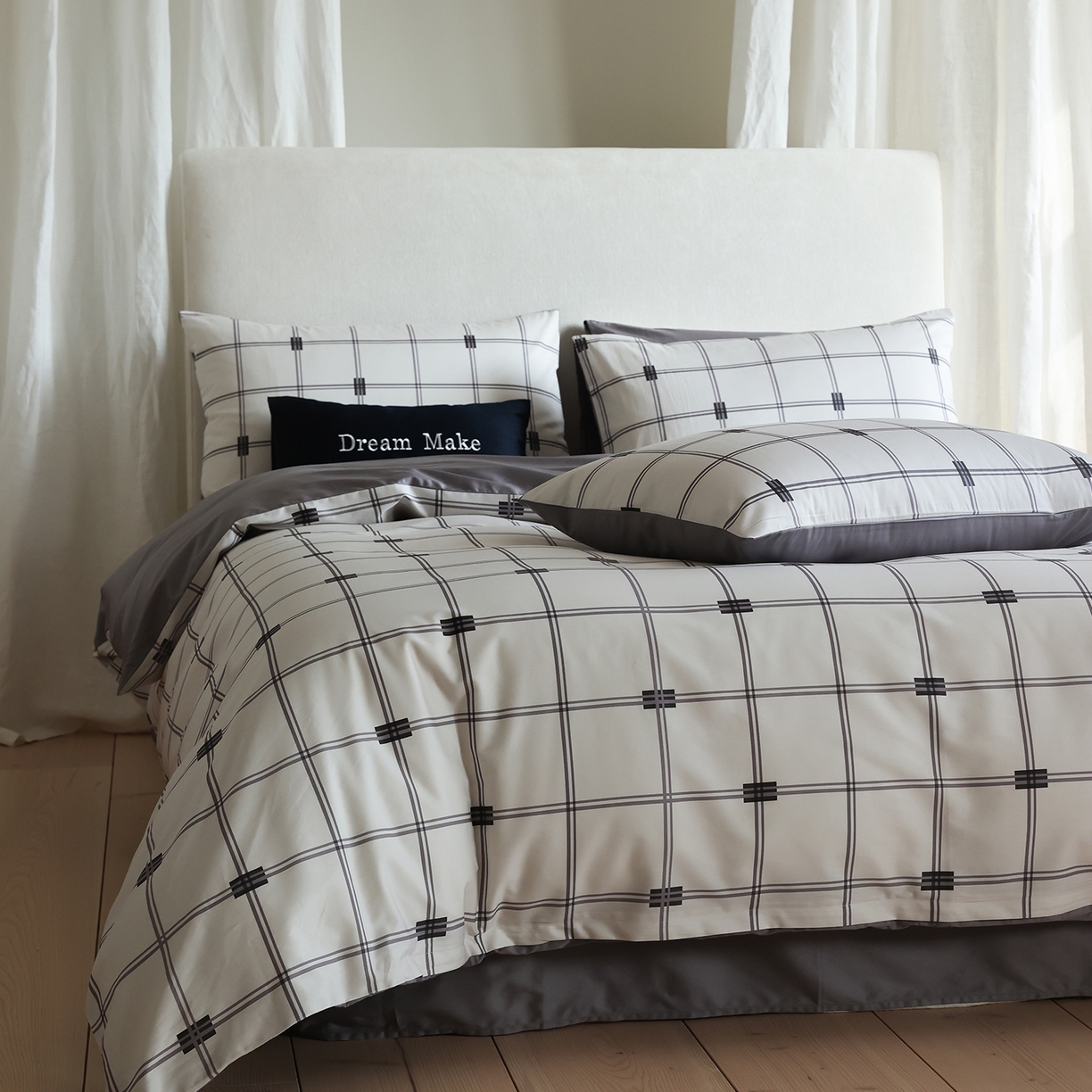 91家纺网 家纺一手货源 找家纺 ONE TWO ONE 121 【提供买家秀】【会员-20】【控价商品】【专版花型】2026新款100s长绒棉纯棉全棉床上用品数码印花四件套 罗曼格纹-灰