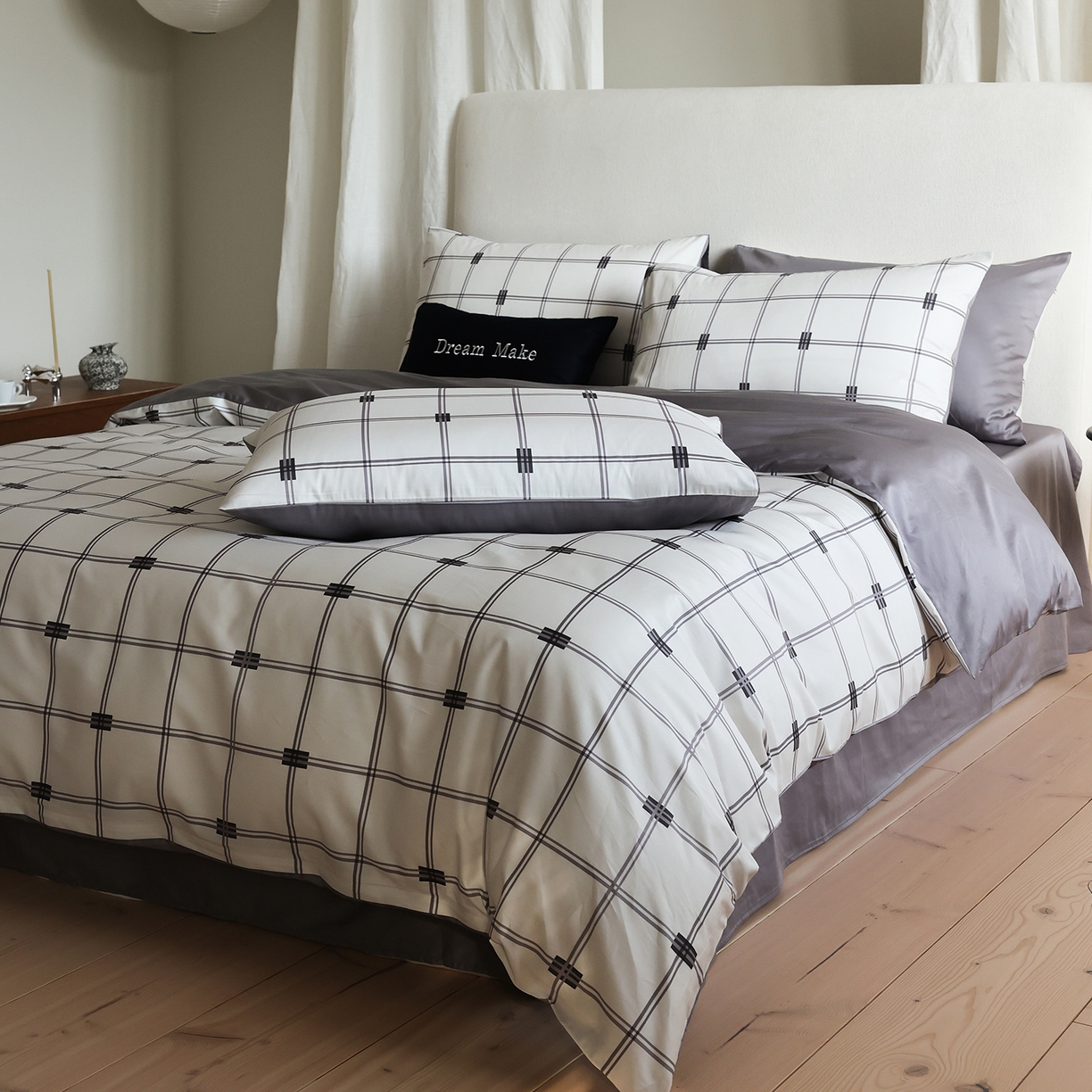 91家纺网 家纺一手货源 找家纺 ONE TWO ONE 121 【提供买家秀】【会员-20】【控价商品】【专版花型】2026新款100s长绒棉纯棉全棉床上用品数码印花四件套 罗曼格纹-灰