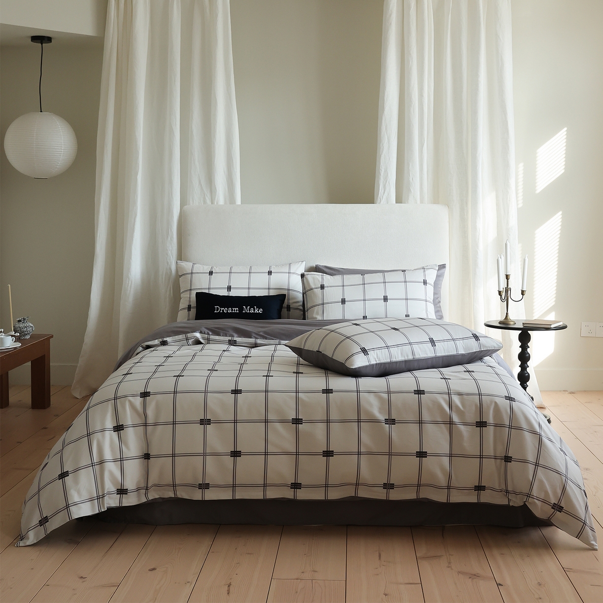 91家纺网 家纺一手货源 找家纺 ONE TWO ONE 121 【提供买家秀】【会员-20】【控价商品】【专版花型】2026新款100s长绒棉纯棉全棉床上用品数码印花四件套 罗曼格纹-灰