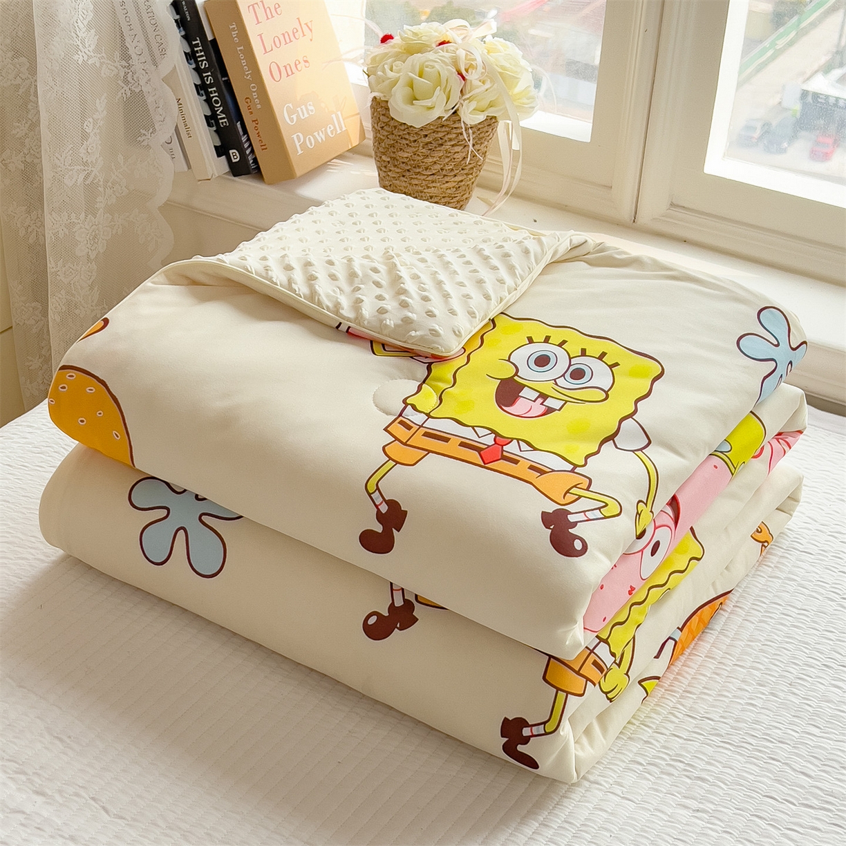 91家纺网 家纺一手货源 找家纺 兄弟坊 2026新款A类正版授权卡通针织棉凉感豆豆夏被 夏凉被 海绵宝宝