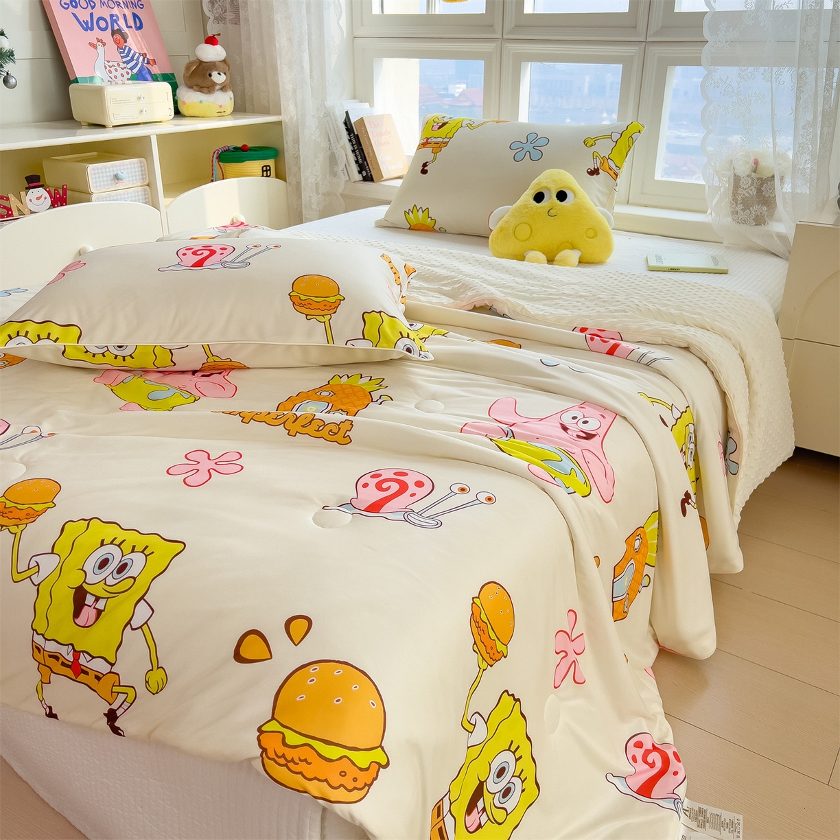 91家纺网 家纺一手货源 找家纺 兄弟坊 2026新款A类正版授权卡通针织棉凉感豆豆夏被 夏凉被 海绵宝宝