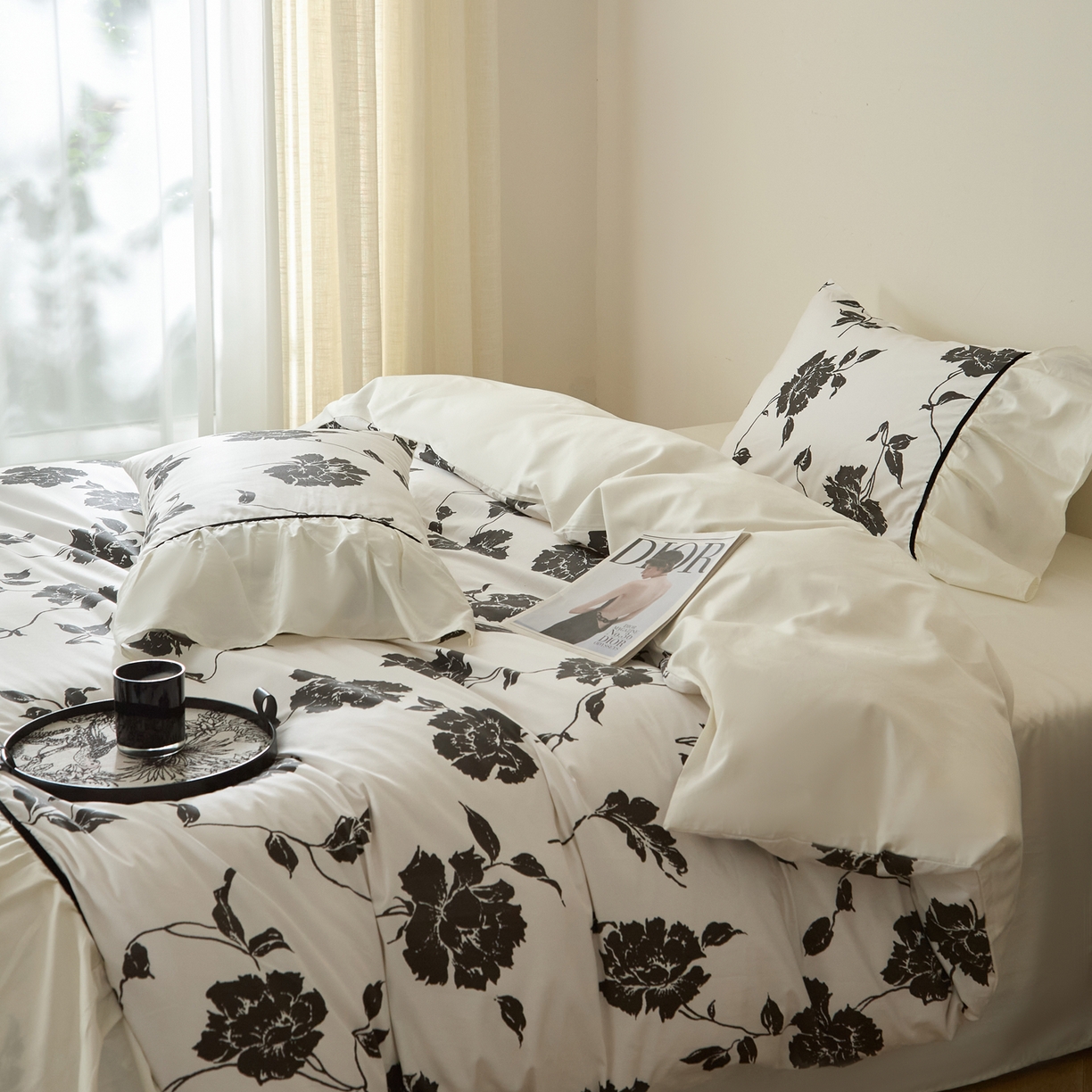 91家纺网 家纺一手货源 找家纺 （总）ONE TWO ONE 121 【会员-20】 【控价商品】【提供买家秀】2026新款韩版花边公主风100s长绒棉全棉床上用品四件套拼接款款-晨光熹微