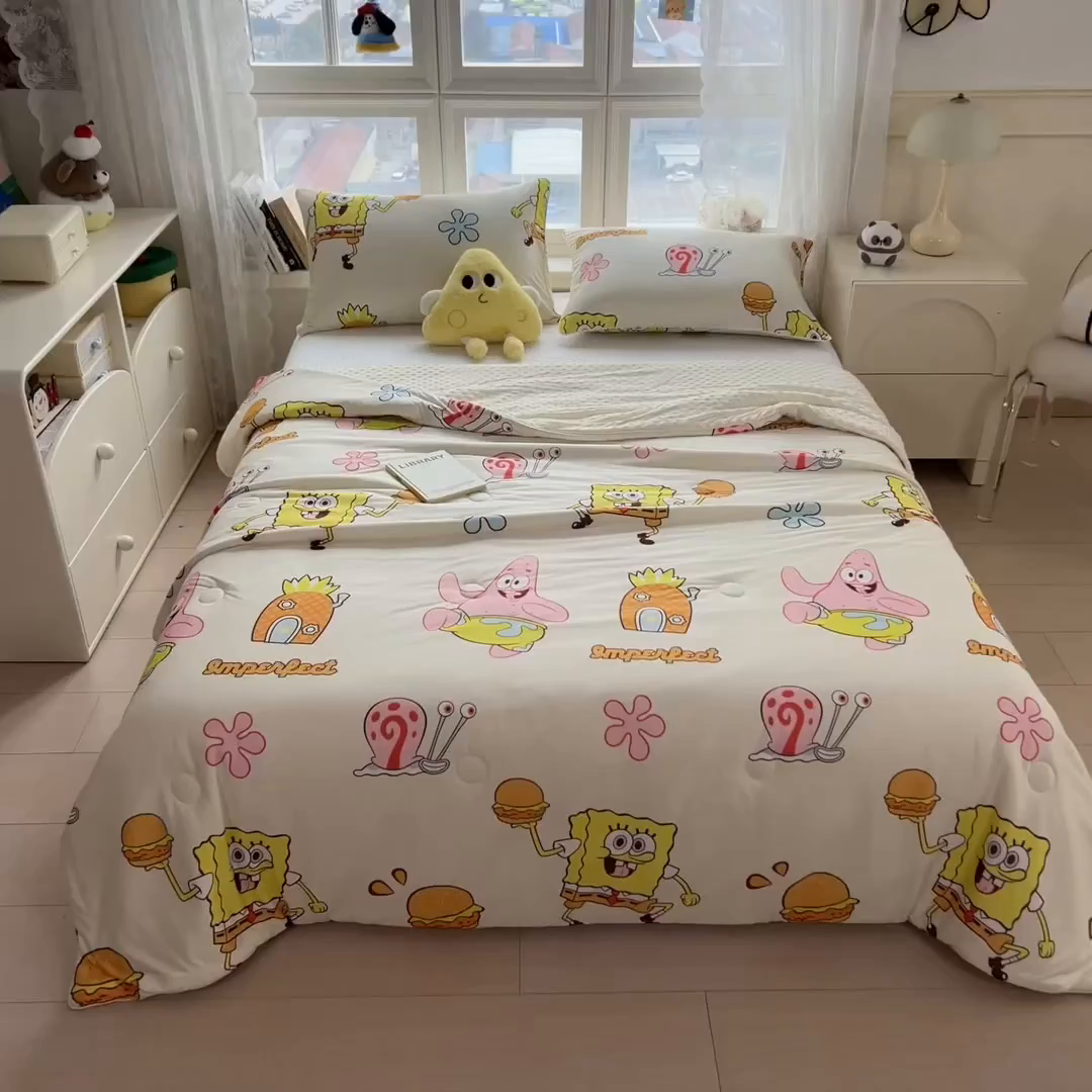 91家纺网 家纺一手货源 找家纺 兄弟坊 2026新款A类正版授权卡通针织棉凉感豆豆夏被 夏凉被 海绵宝宝