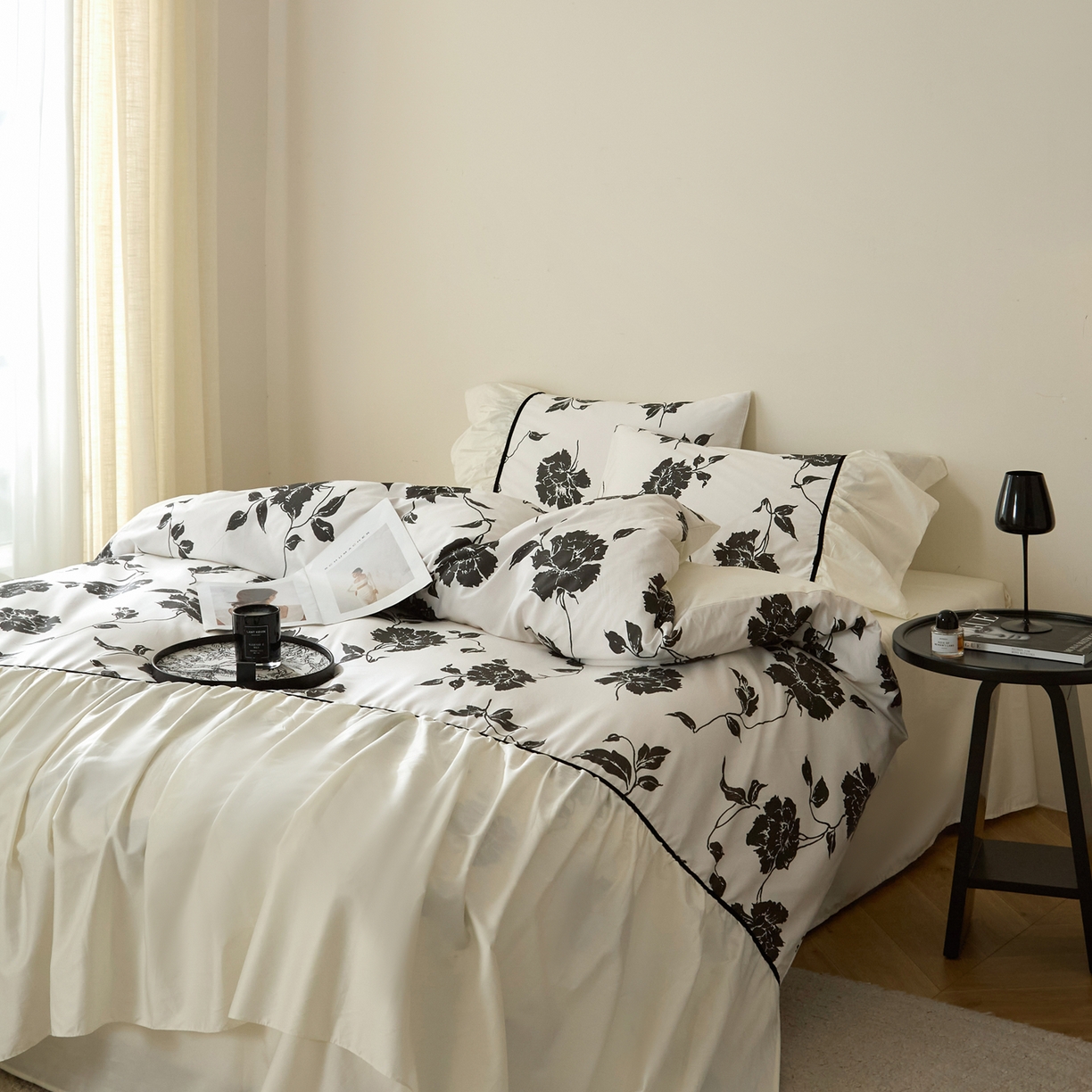 91家纺网 家纺一手货源 找家纺 （总）ONE TWO ONE 121 【会员-20】 【控价商品】【提供买家秀】2026新款韩版花边公主风100s长绒棉全棉床上用品四件套拼接款款-晨光熹微