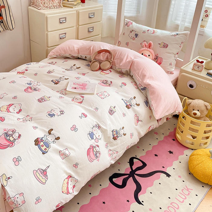 91家纺网 家纺一手货源 找家纺 梦卓家纺 2026新款学生季超柔水洗棉印花卡通宿舍上下铺三件套 KT猫