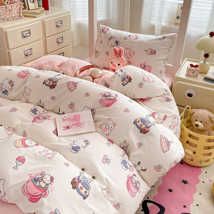 91家纺网 家纺一手货源 找家纺 梦卓家纺 2026新款学生季超柔水洗棉印花卡通宿舍上下铺三件套 KT猫