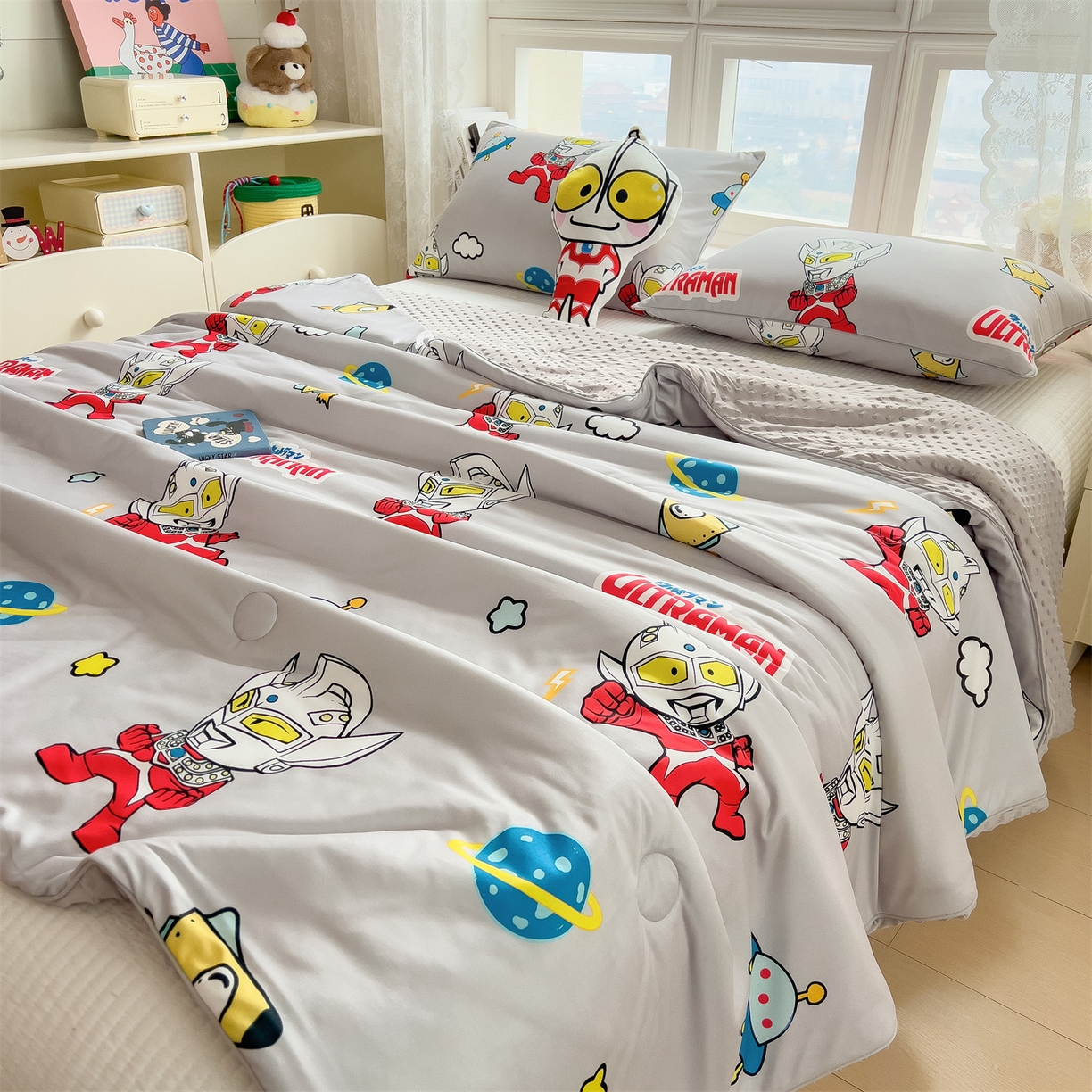 91家纺网 家纺一手货源 找家纺 兄弟坊 2026新款A类正版授权卡通乳胶凉席夏被四件套 奥特传奇灰