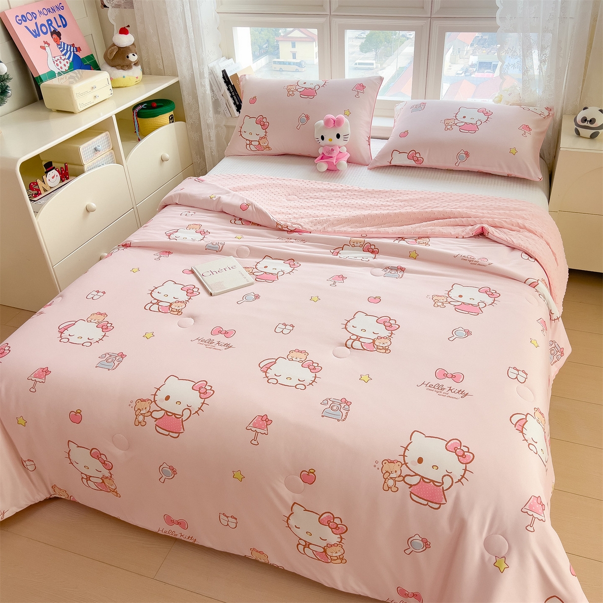 91家纺网 家纺一手货源 找家纺 兄弟坊 2026新款A类正版授权卡通乳胶凉席夏被四件套 凯蒂小猫