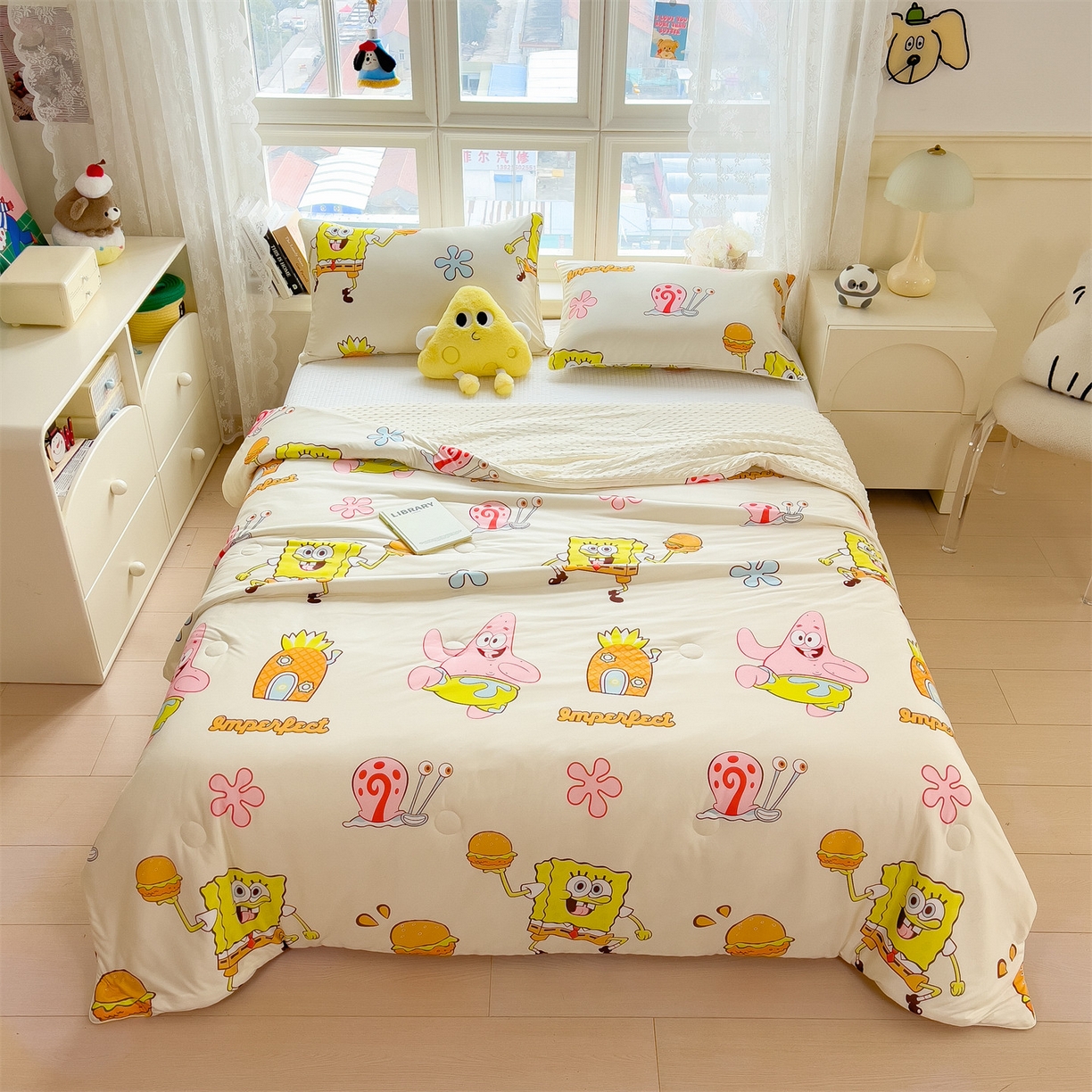 91家纺网 家纺一手货源 找家纺 兄弟坊 2026新款A类正版授权卡通乳胶凉席夏被四件套 海绵宝宝