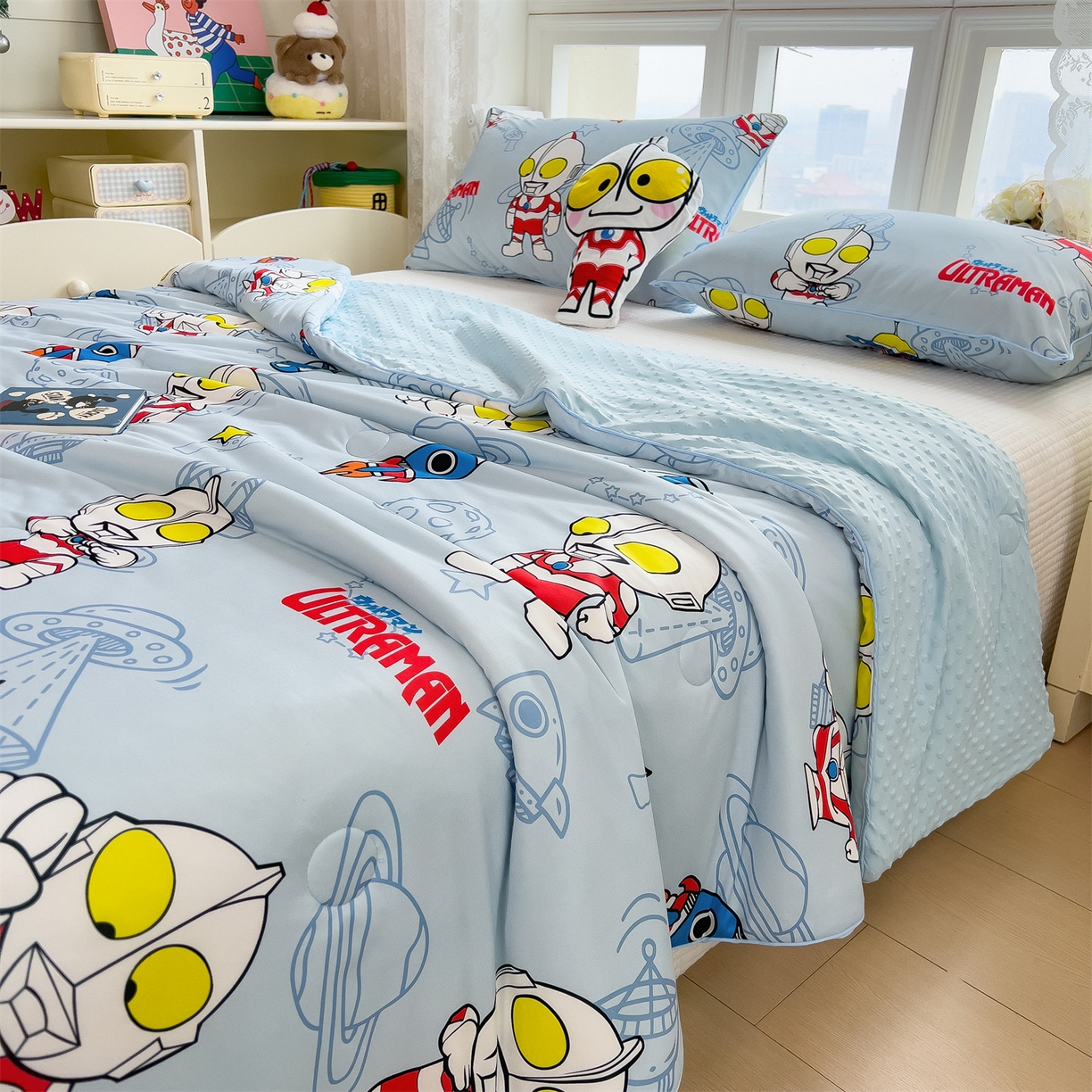 91家纺网 家纺一手货源 找家纺 兄弟坊 2026新款A类正版授权卡通乳胶凉席夏被四件套 奥特曼蓝