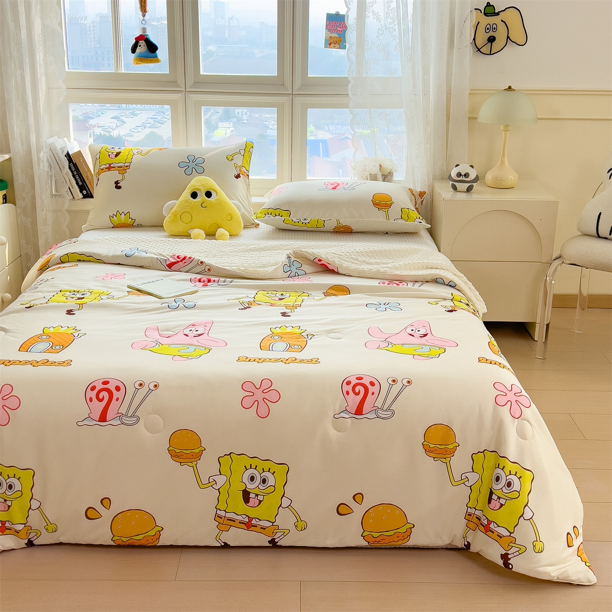 91家纺网 家纺一手货源 找家纺 兄弟坊 2026新款A类正版授权卡通乳胶凉席夏被四件套 海绵宝宝