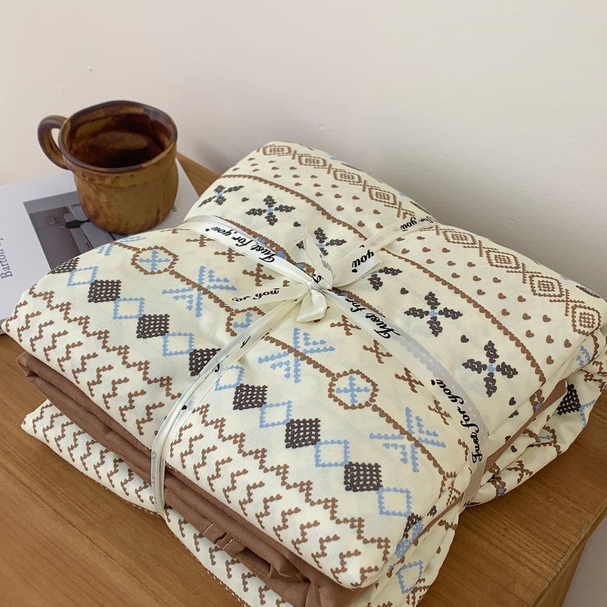 91家纺网 家纺一手货源 找家纺 桃喜 2026春夏新款全棉纯棉双层纱系列四件套 双层纱-复古费尔岛