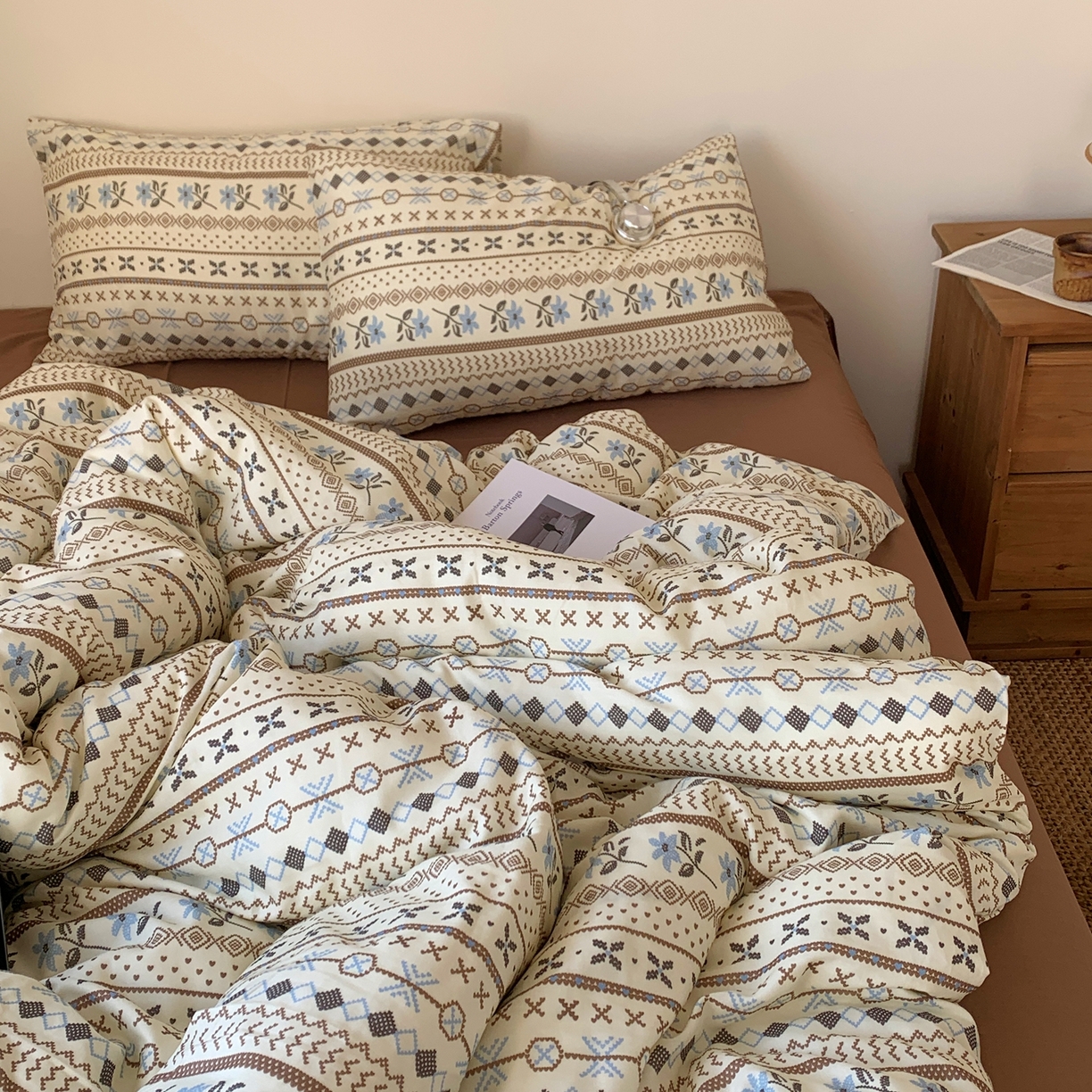 91家纺网 家纺一手货源 找家纺 桃喜 2026春夏新款全棉纯棉双层纱系列四件套 双层纱-复古费尔岛