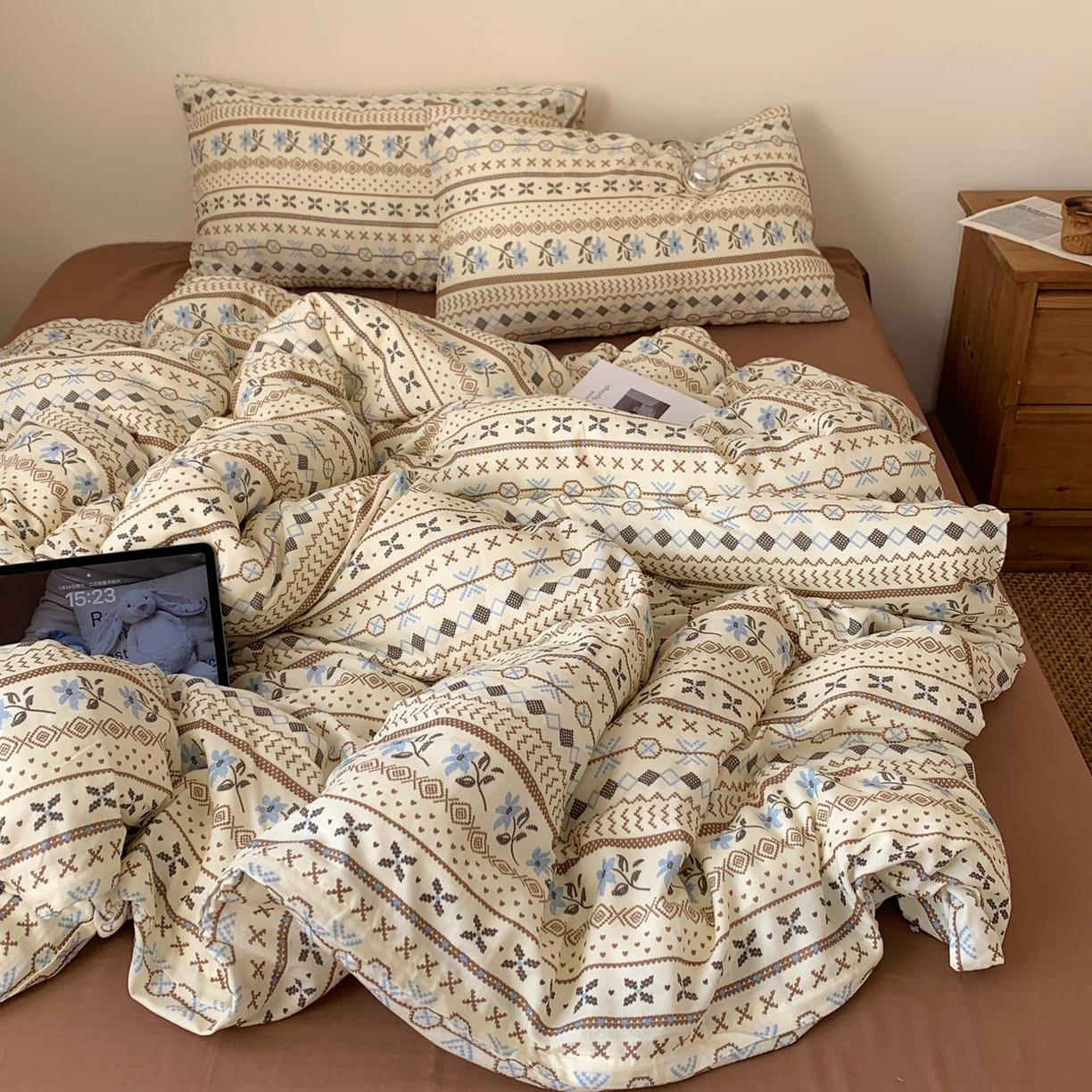 91家纺网 家纺一手货源 找家纺 桃喜 2026春夏新款全棉纯棉双层纱系列四件套 双层纱-复古费尔岛