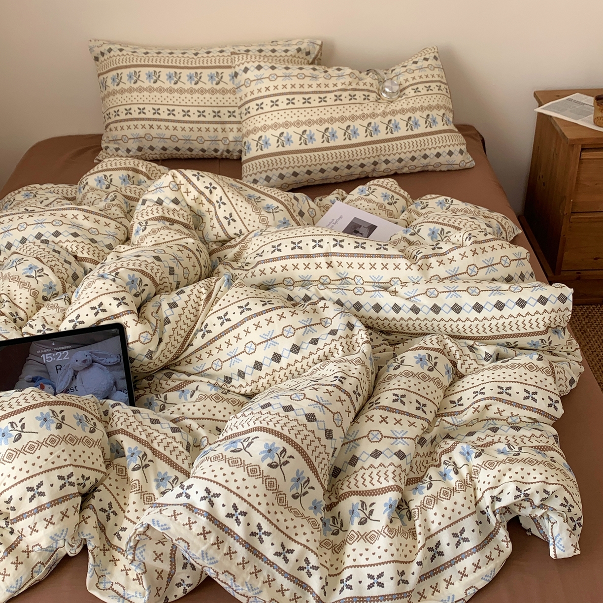 91家纺网 家纺一手货源 找家纺 桃喜 2026春夏新款全棉纯棉双层纱系列四件套 双层纱-复古费尔岛