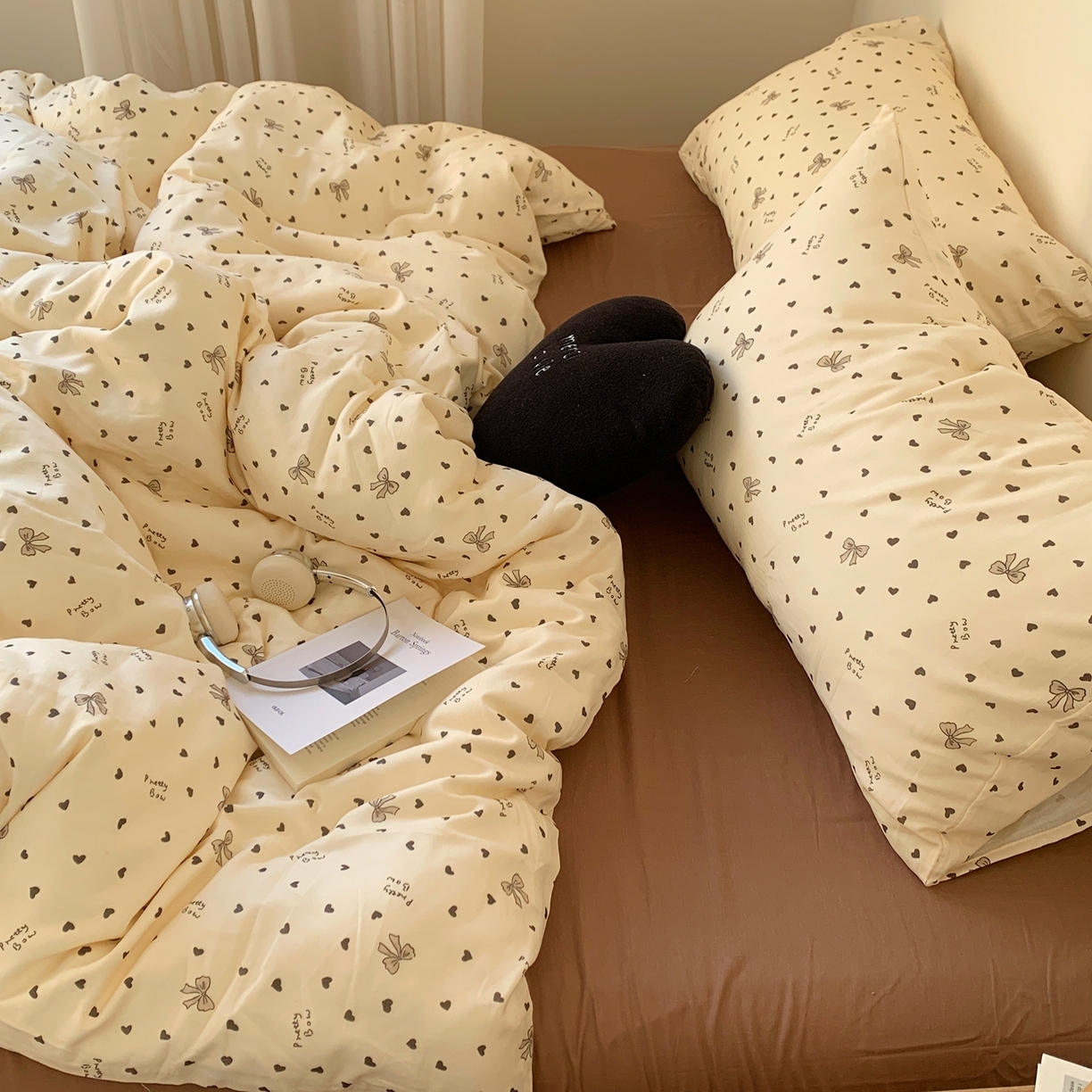 91家纺网 家纺一手货源 找家纺 桃喜 2026春夏新款全棉纯棉双层纱系列四件套 双层纱-米色蝴蝶结