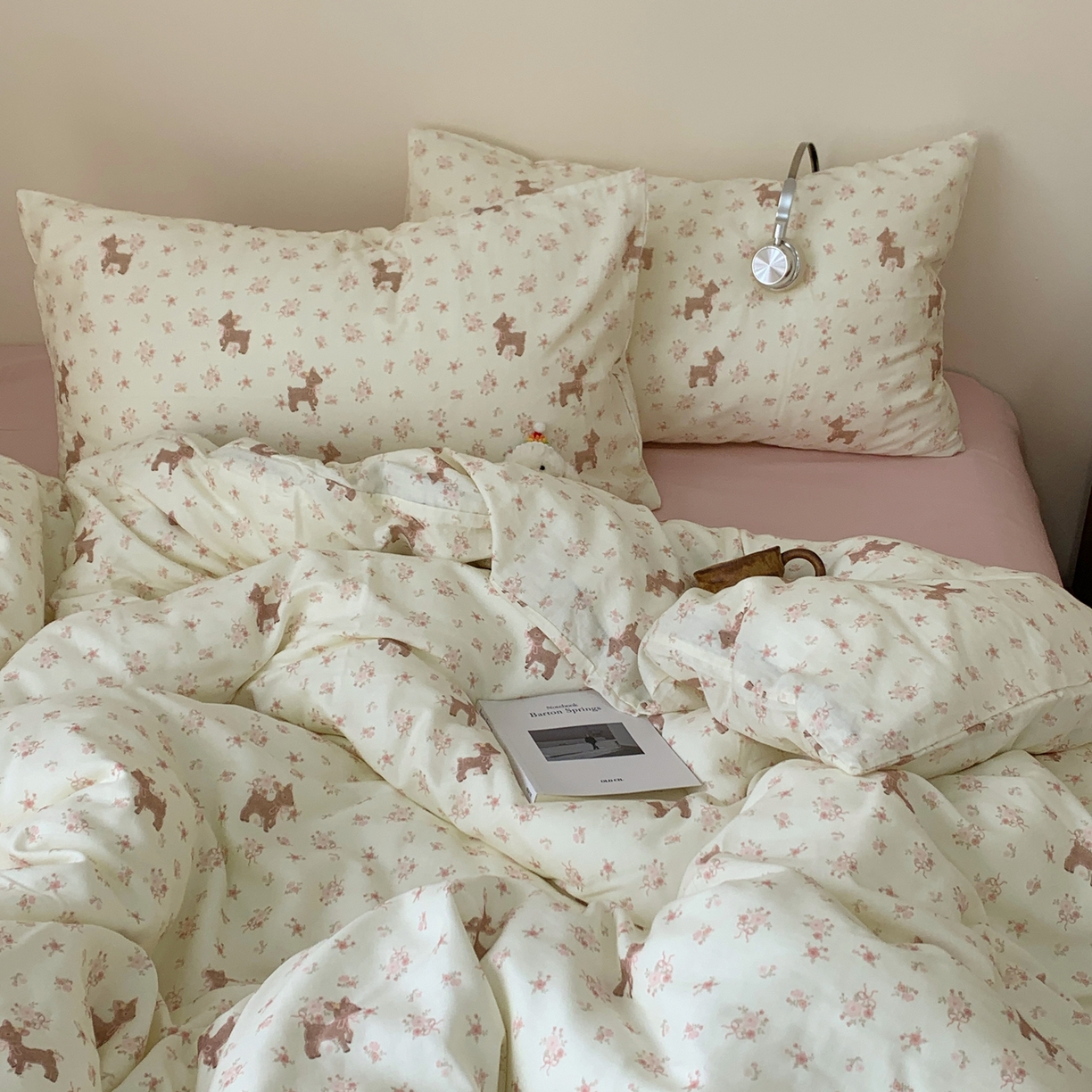 91家纺网 家纺一手货源 找家纺 桃喜 2026春夏新款全棉纯棉双层纱系列四件套 双层纱-碎花小鹿