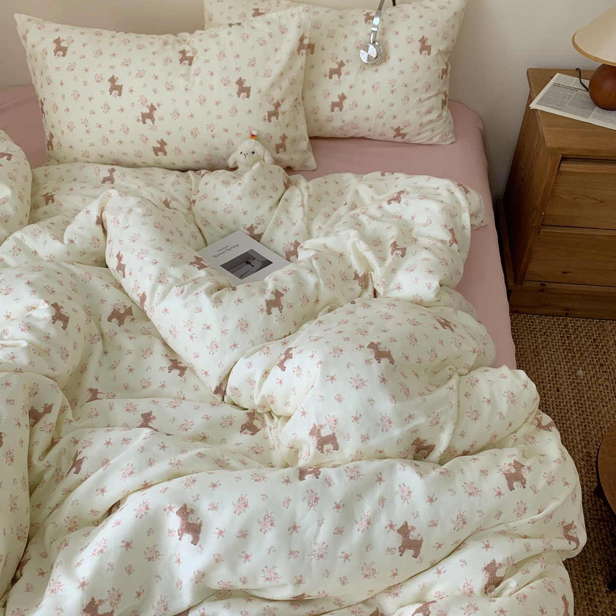 91家纺网 家纺一手货源 找家纺 桃喜 2026春夏新款全棉纯棉双层纱系列四件套 双层纱-碎花小鹿