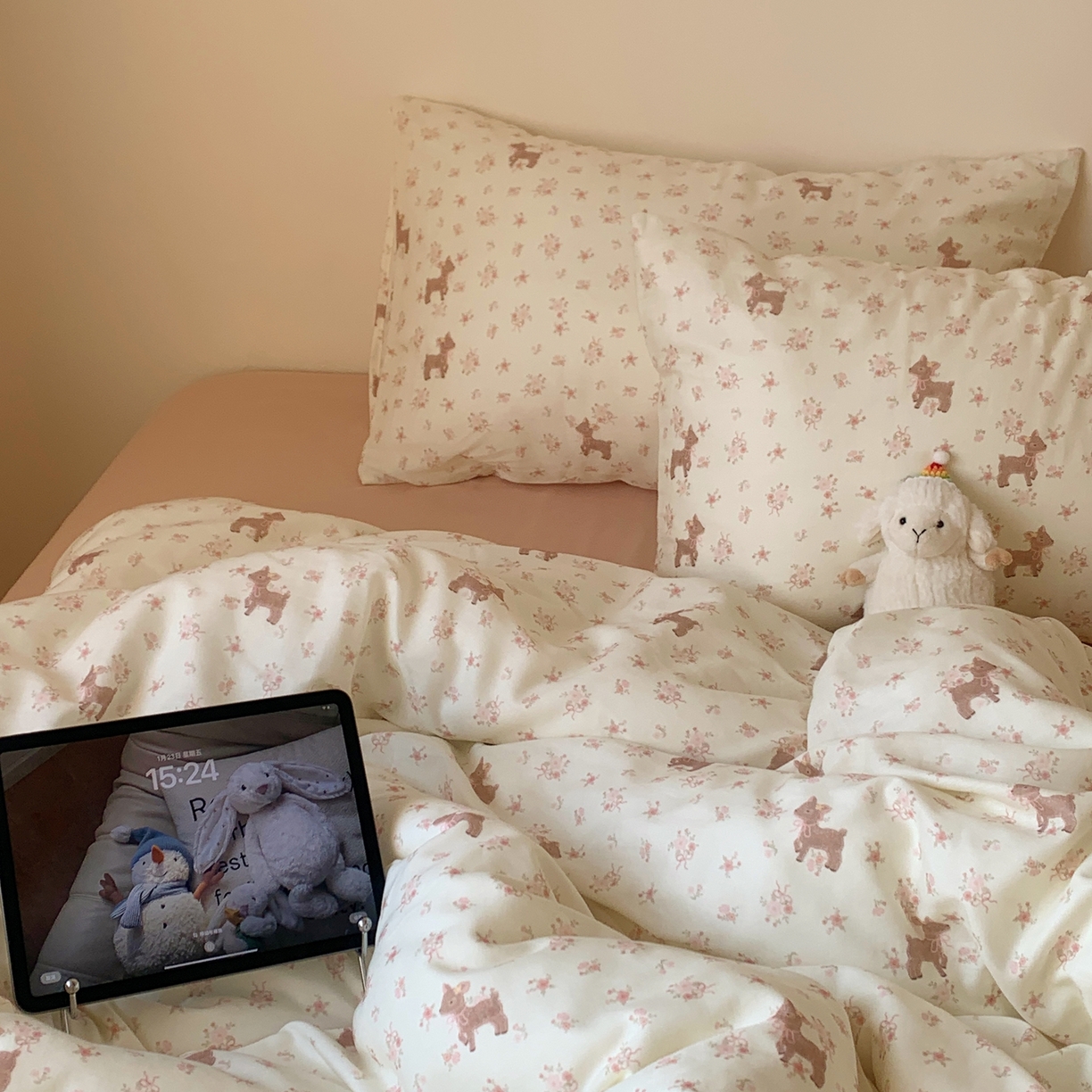 91家纺网 家纺一手货源 找家纺 桃喜 2026春夏新款全棉纯棉双层纱系列四件套 双层纱-碎花小鹿