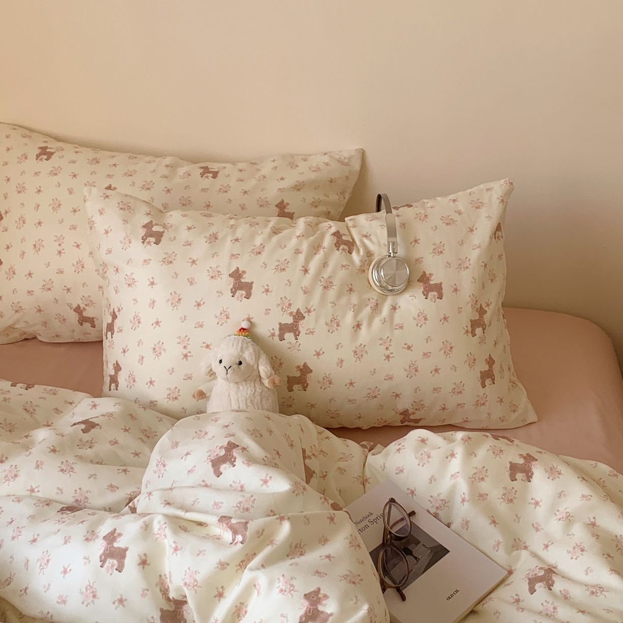 91家纺网 家纺一手货源 找家纺 桃喜 2026春夏新款全棉纯棉双层纱系列四件套 双层纱-碎花小鹿