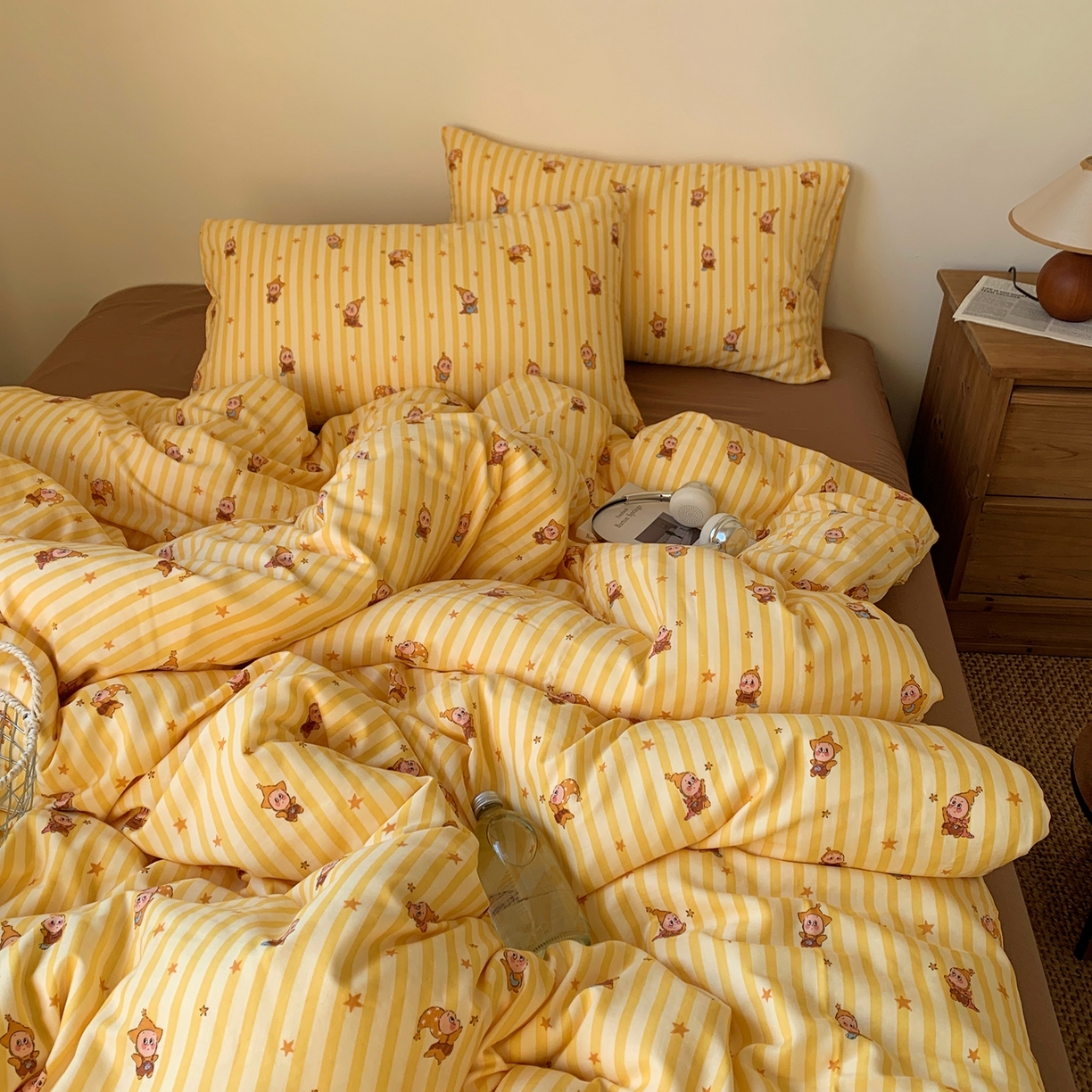 91家纺网 家纺一手货源 找家纺 桃喜 2026春夏新款全棉纯棉双层纱系列四件套 双层纱-条纹星星黄