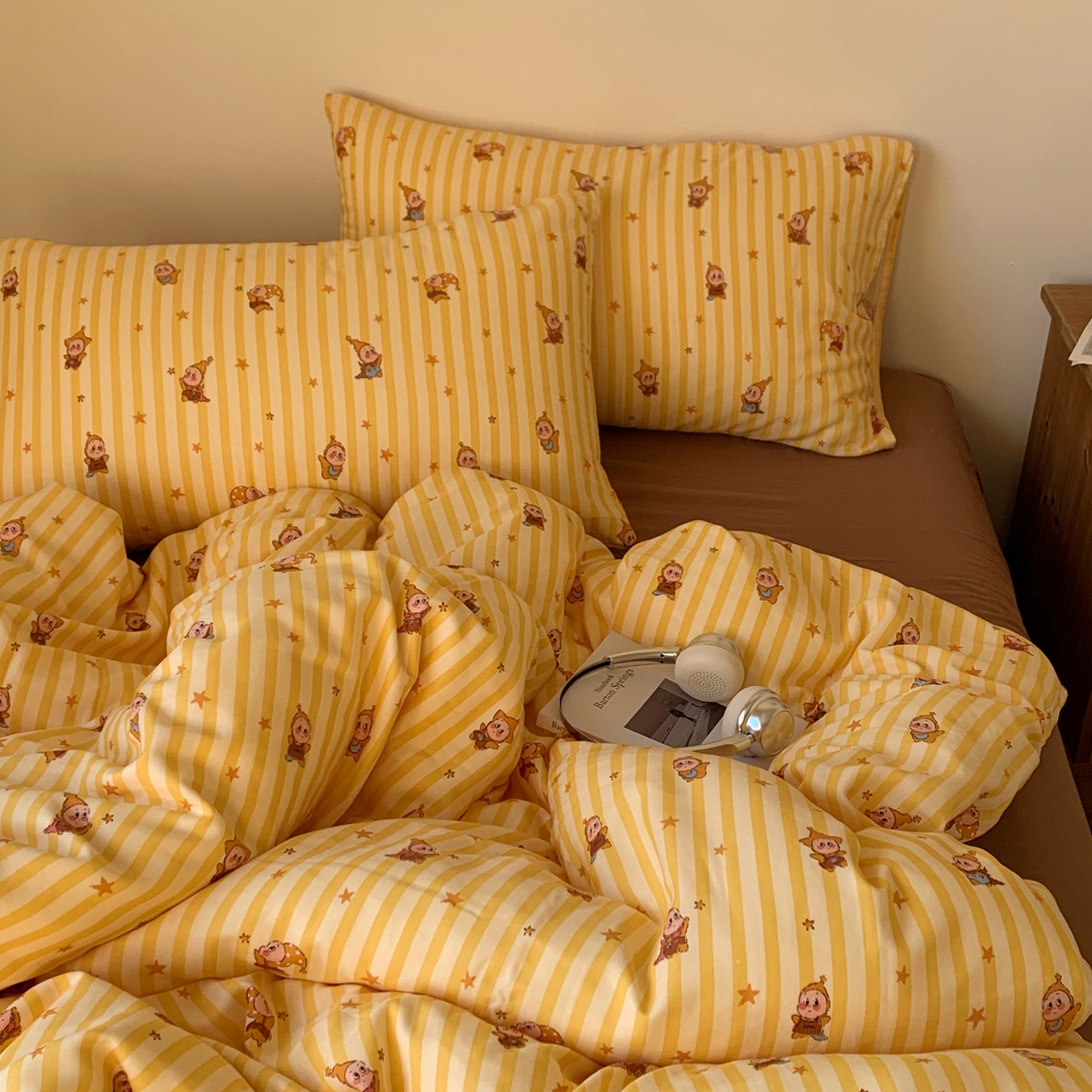 91家纺网 家纺一手货源 找家纺 桃喜 2026春夏新款全棉纯棉双层纱系列四件套 双层纱-条纹星星黄