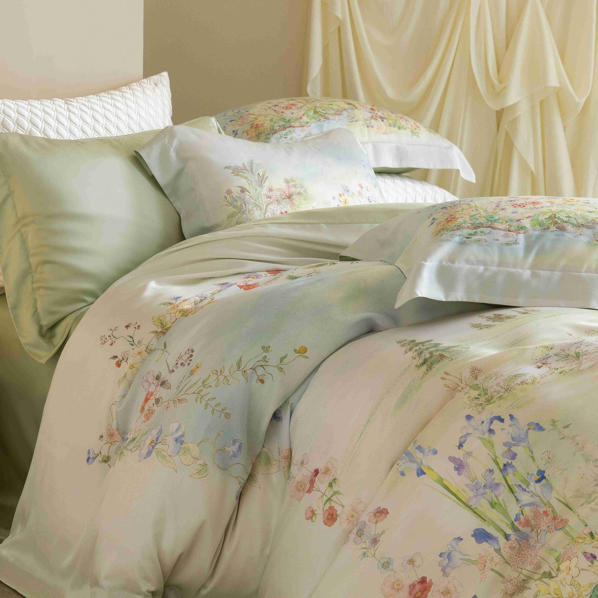 91家纺网 家纺一手货源 找家纺 佳汐蓝家纺 2026新款60天丝印花大版花四件套 夏怡花园 黄绿