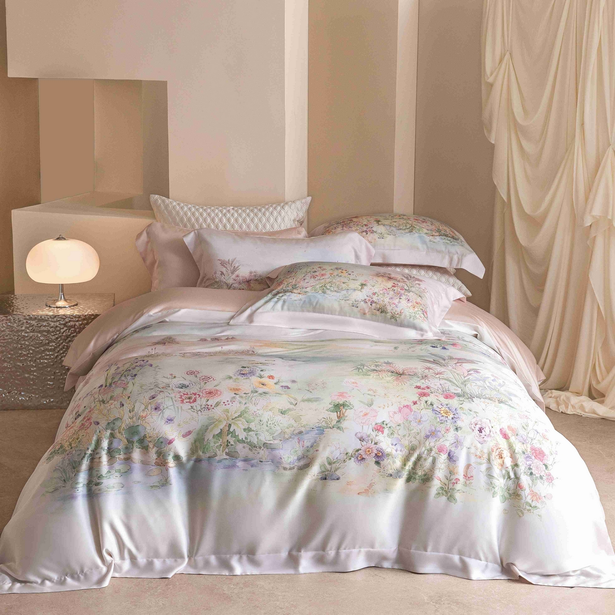 91家纺网 家纺一手货源 找家纺 佳汐蓝家纺 2026新款60天丝印花大版花四件套 天丝 夏怡花园 粉绿