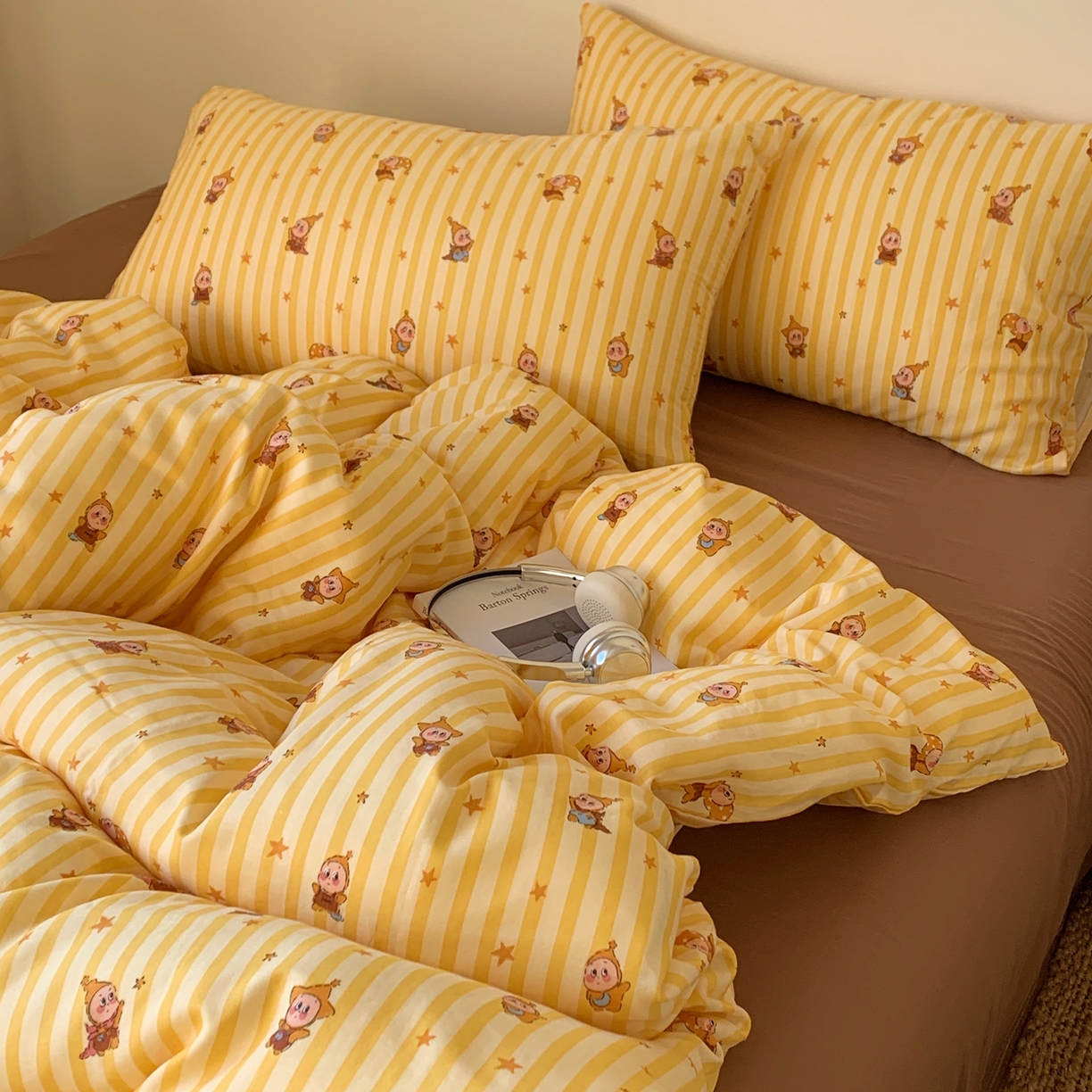 91家纺网 家纺一手货源 找家纺 桃喜 2026春夏新款全棉纯棉双层纱系列四件套 双层纱-条纹星星黄