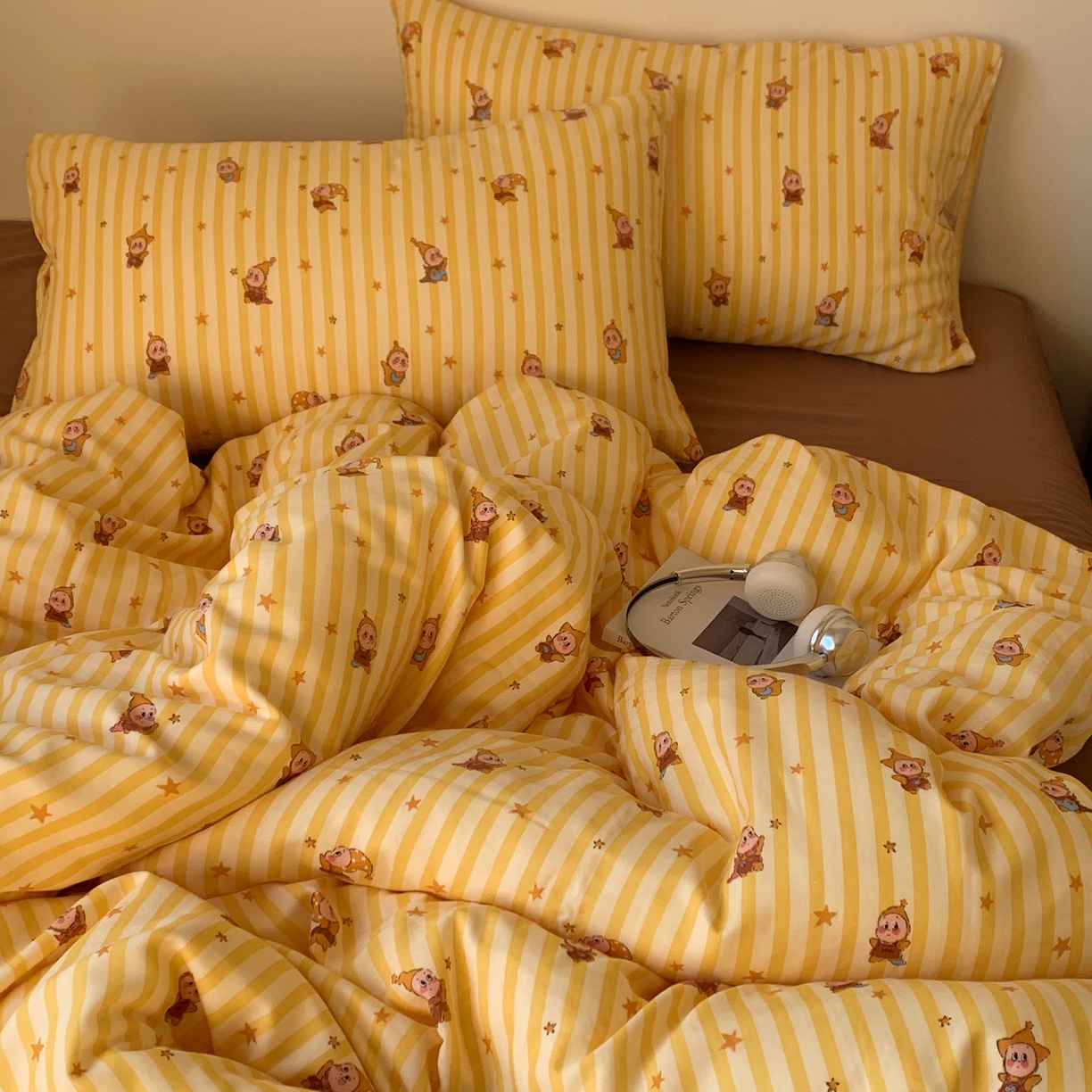 91家纺网 家纺一手货源 找家纺 桃喜 2026春夏新款全棉纯棉双层纱系列四件套 双层纱-条纹星星黄