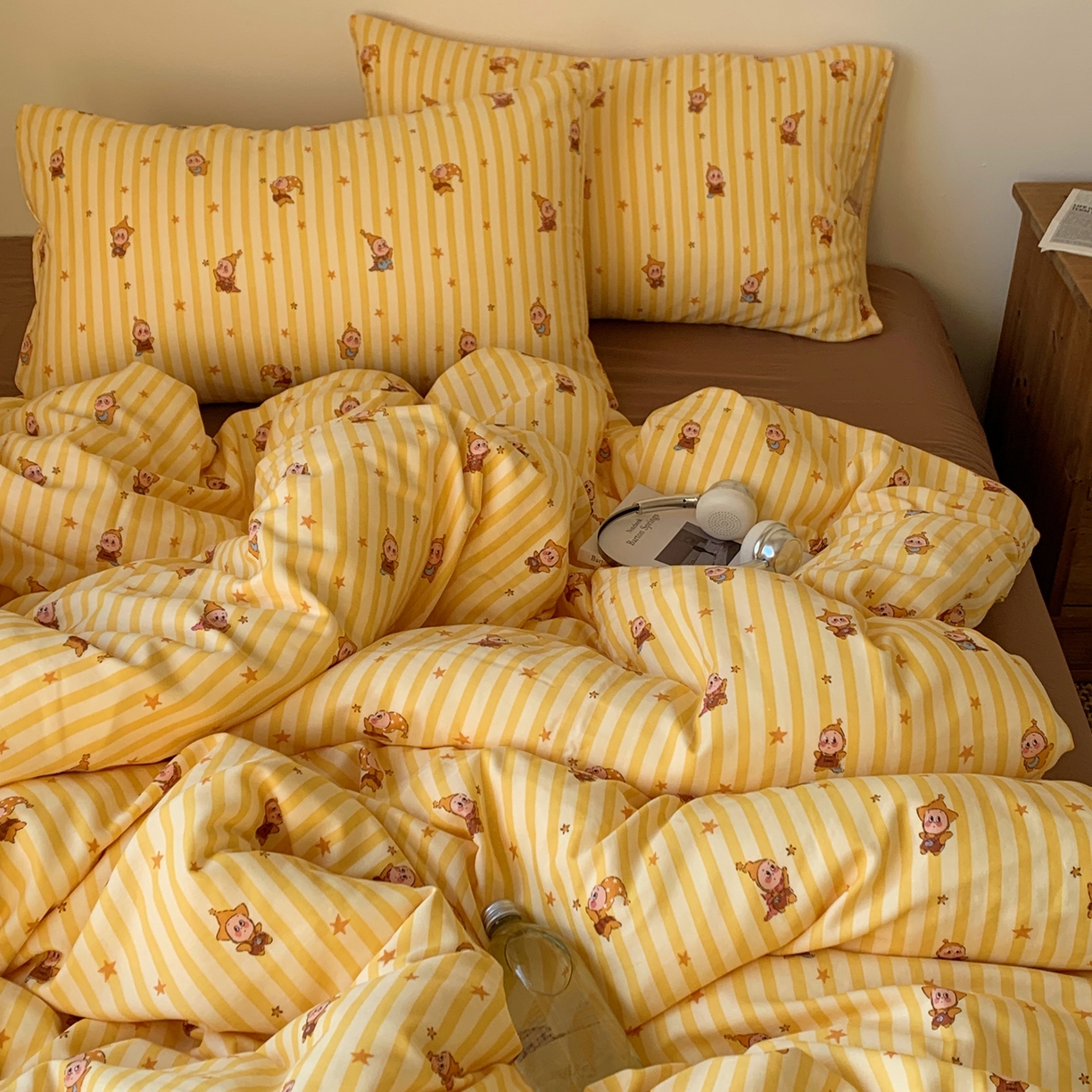 91家纺网 家纺一手货源 找家纺 桃喜 2026春夏新款全棉纯棉双层纱系列四件套 双层纱-条纹星星黄