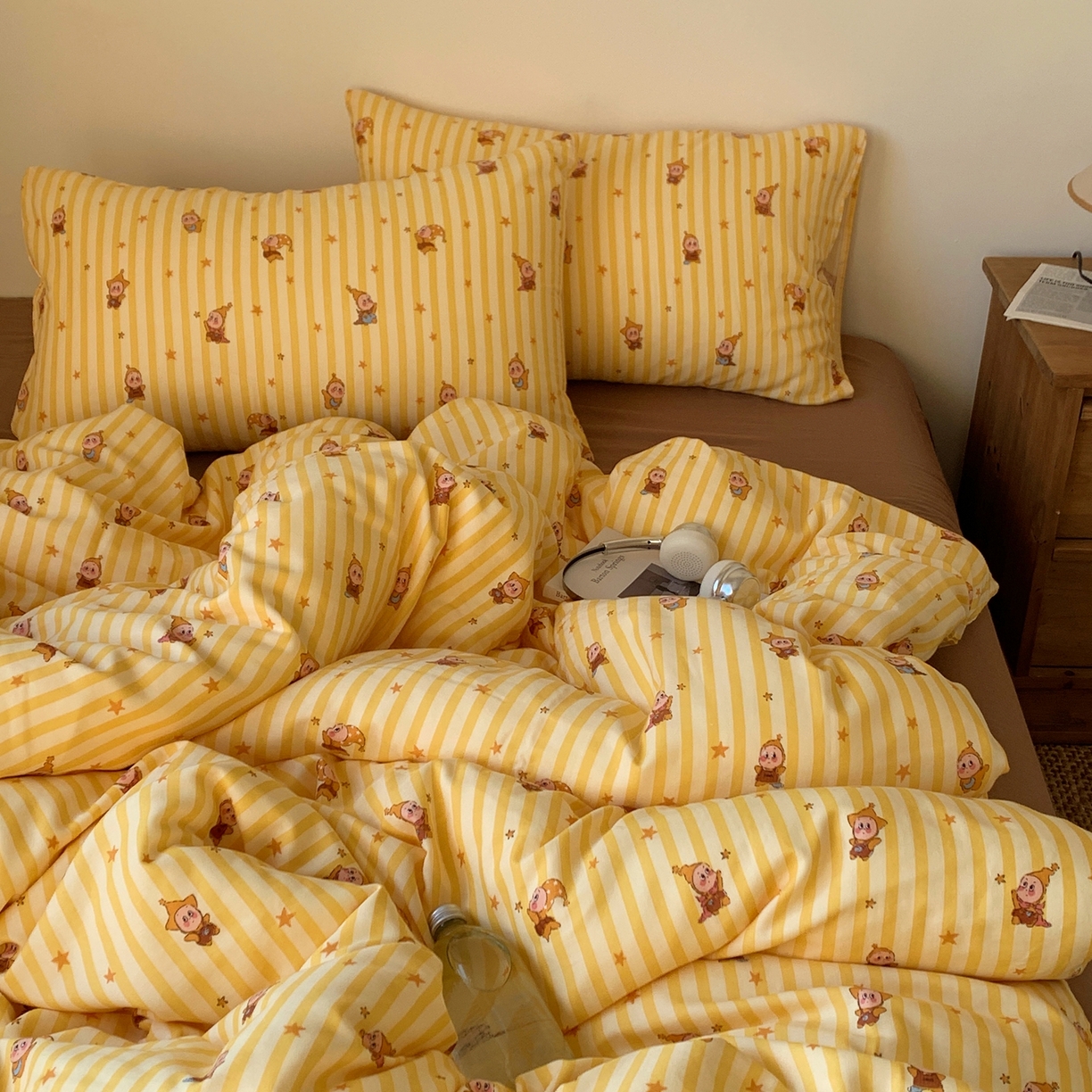 91家纺网 家纺一手货源 找家纺 桃喜 2026春夏新款全棉纯棉双层纱系列四件套 双层纱-条纹星星黄