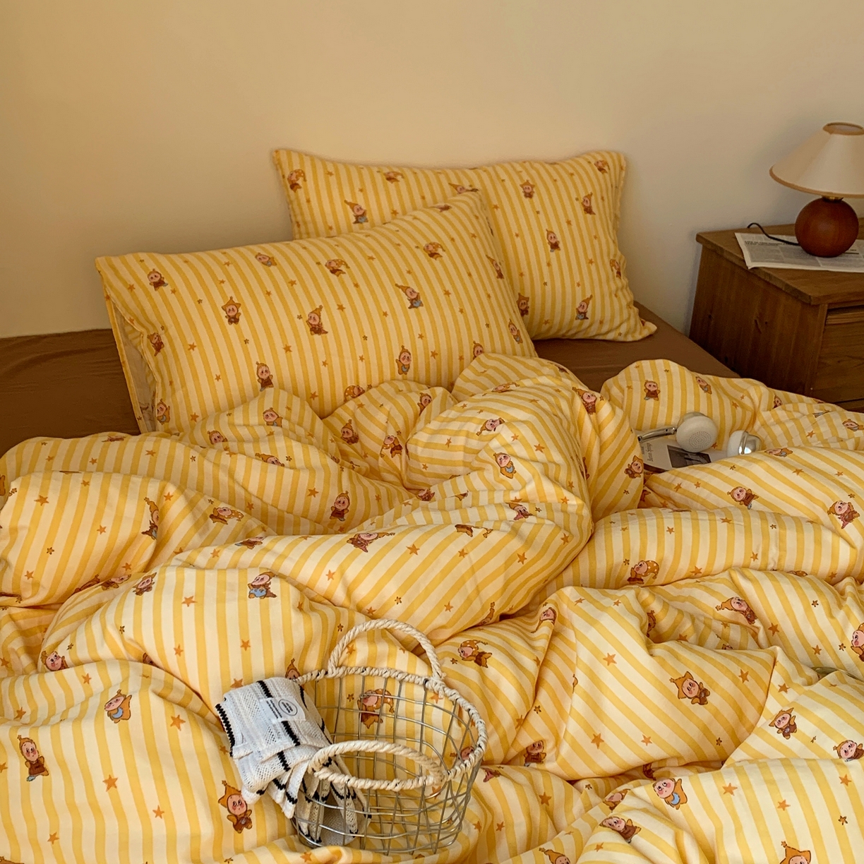 91家纺网 家纺一手货源 找家纺 桃喜 2026春夏新款全棉纯棉双层纱系列四件套 双层纱-条纹星星黄