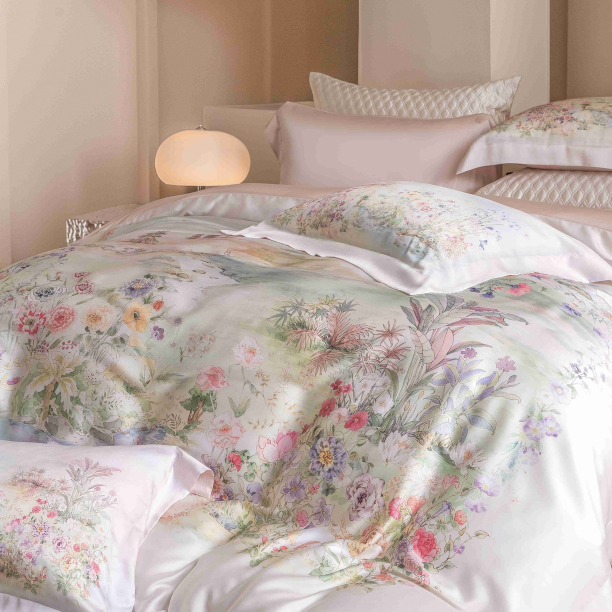 91家纺网 家纺一手货源 找家纺 佳汐蓝家纺 2026新款60天丝印花大版花四件套 天丝 夏怡花园 粉绿