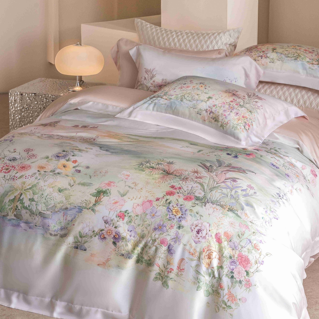 佳汐蓝家纺 2026新款60天丝印花大版花四件套 天丝 夏怡花园 粉绿