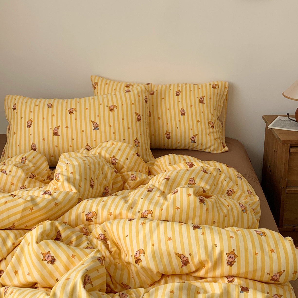 91家纺网 家纺一手货源 找家纺 桃喜 2026春夏新款全棉纯棉双层纱系列四件套 双层纱-条纹星星黄