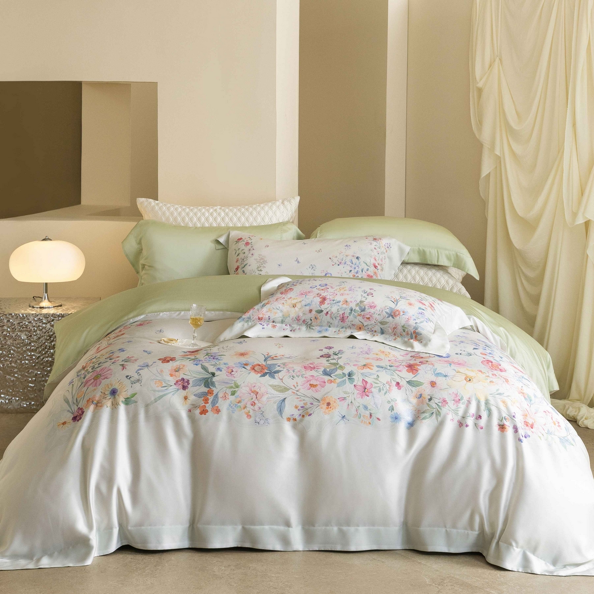 91家纺网 家纺一手货源 找家纺 佳汐蓝家纺 2026新款60天丝印花大版花四件套 蓝姗园 玉