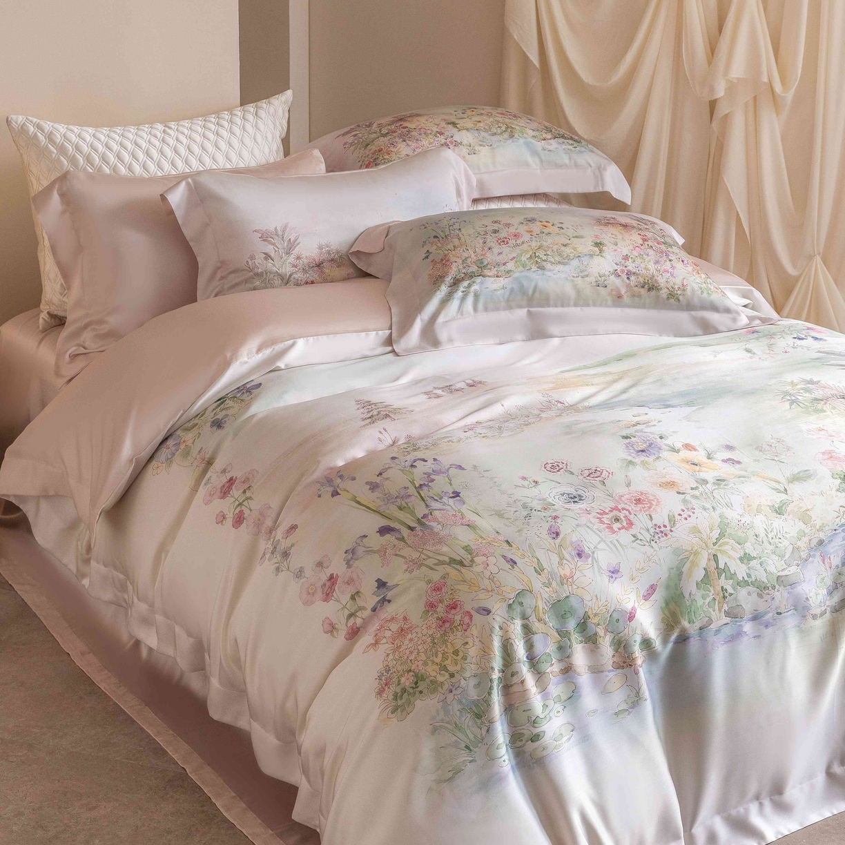 91家纺网 家纺一手货源 找家纺 佳汐蓝家纺 2026新款60天丝印花大版花四件套 天丝 夏怡花园 粉绿