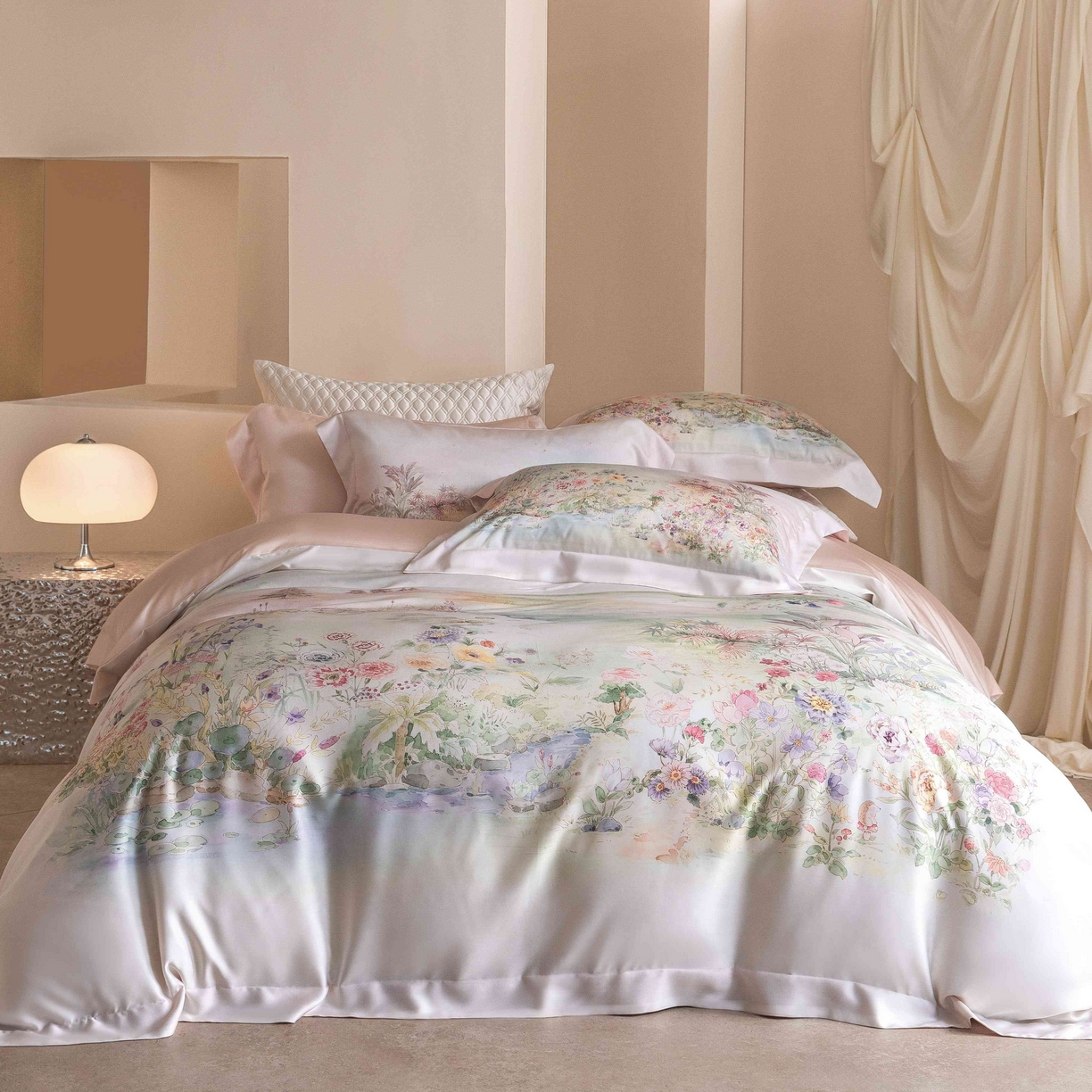 91家纺网 家纺一手货源 找家纺 佳汐蓝家纺 2026新款60天丝印花大版花四件套 天丝 夏怡花园 粉绿